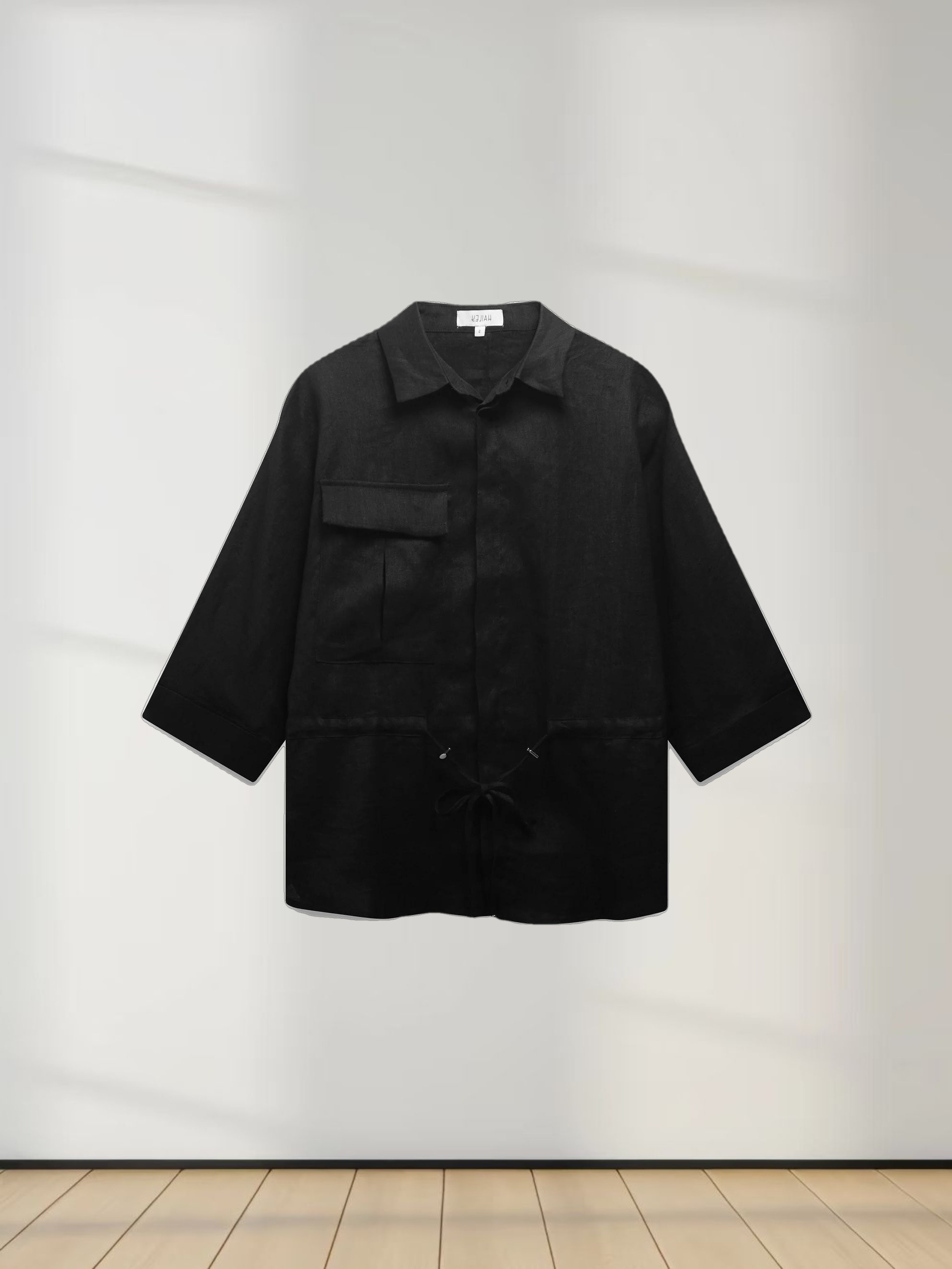 Drawstring Button Down Linen Top-Black