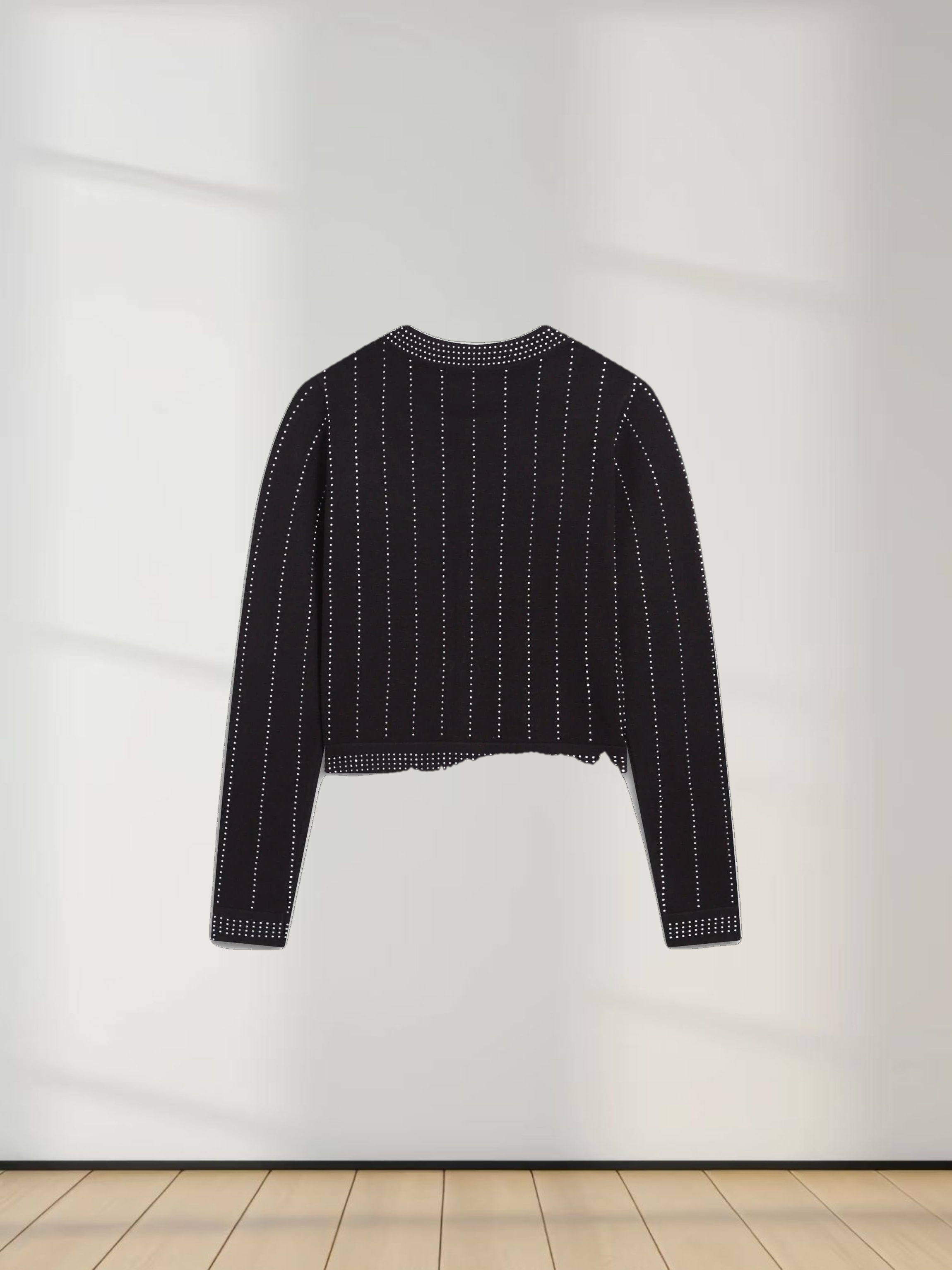 Crystal Pinstripe Crew Cardigan-Black