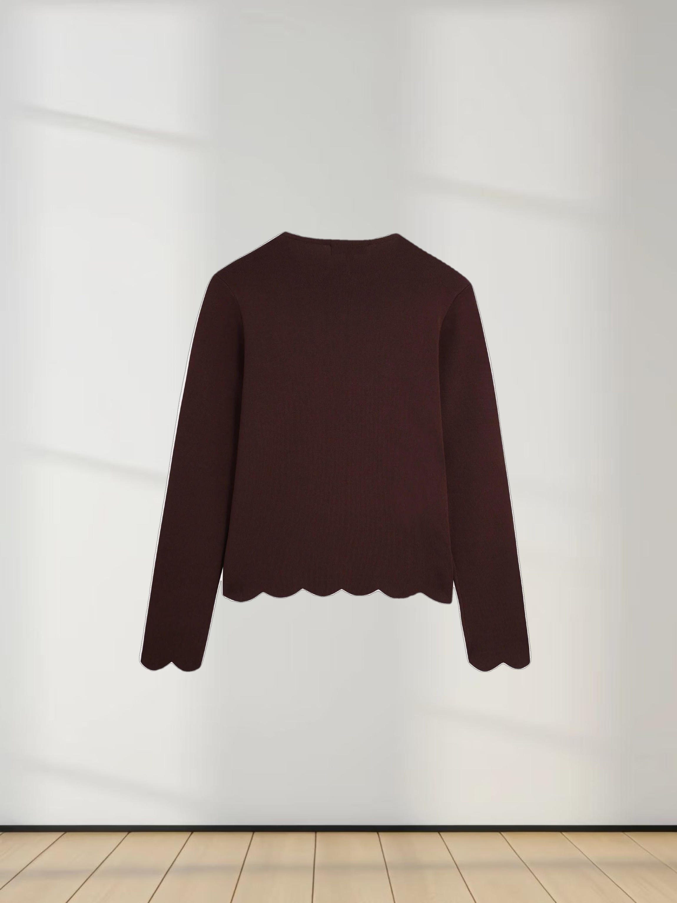 Scallop Edge Crew Cardigan-Brown