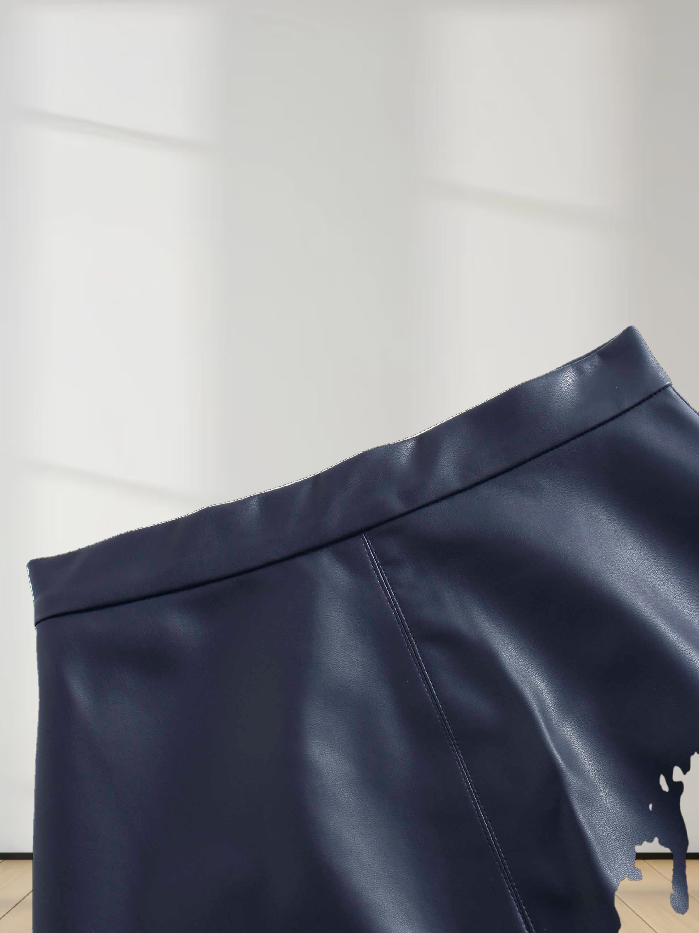 Short A-Line Seamed Faux Leather Skirt-Navy
