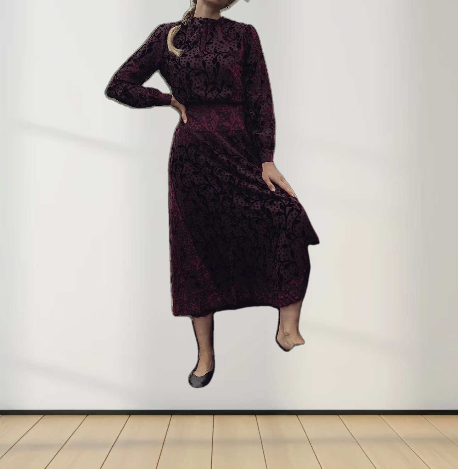 Waisted Yoke Dress-Burgundy Velvet Leaves