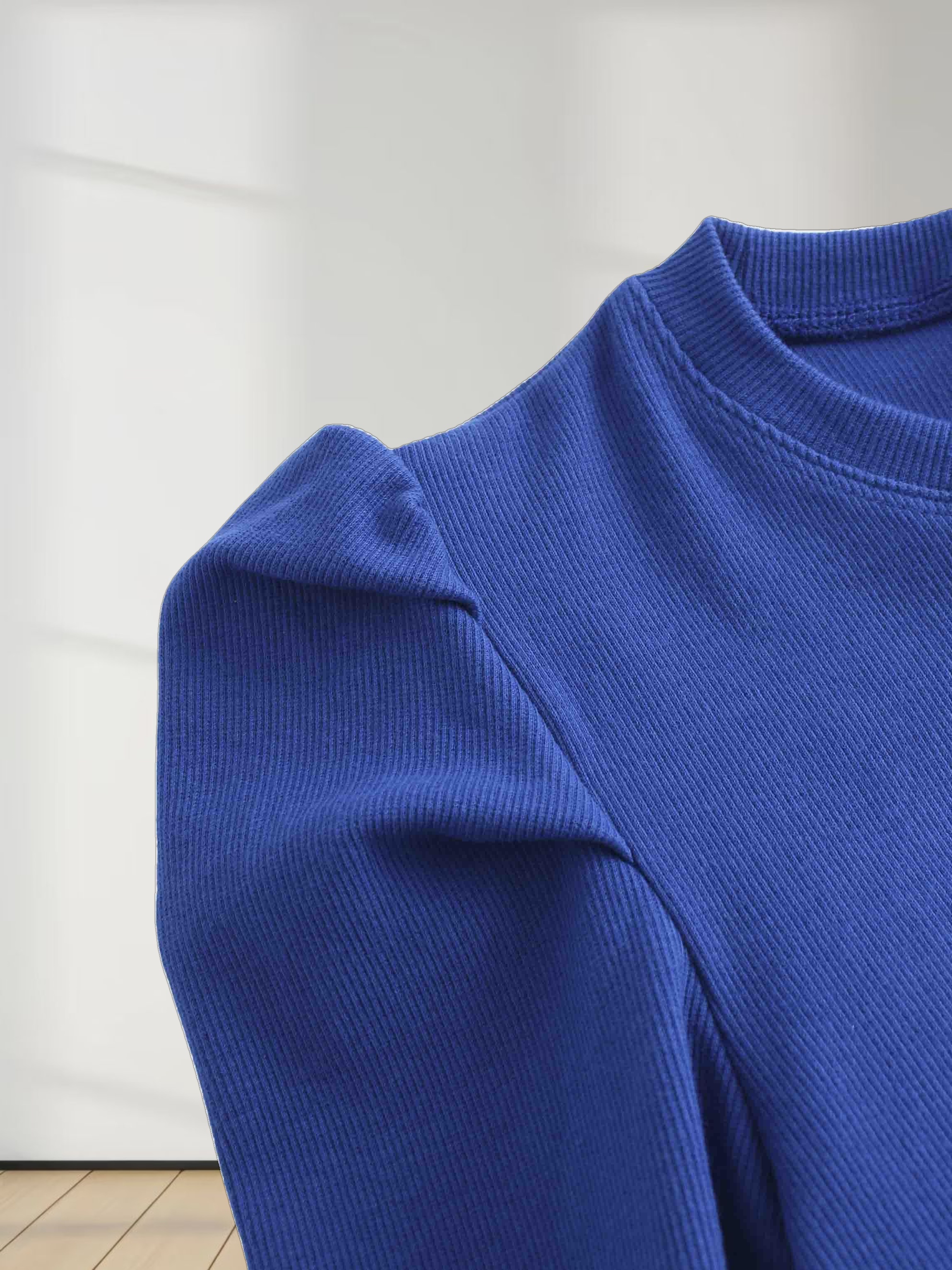 Ribbed Crew Neck Puff Sleeve Top-Royal Blue