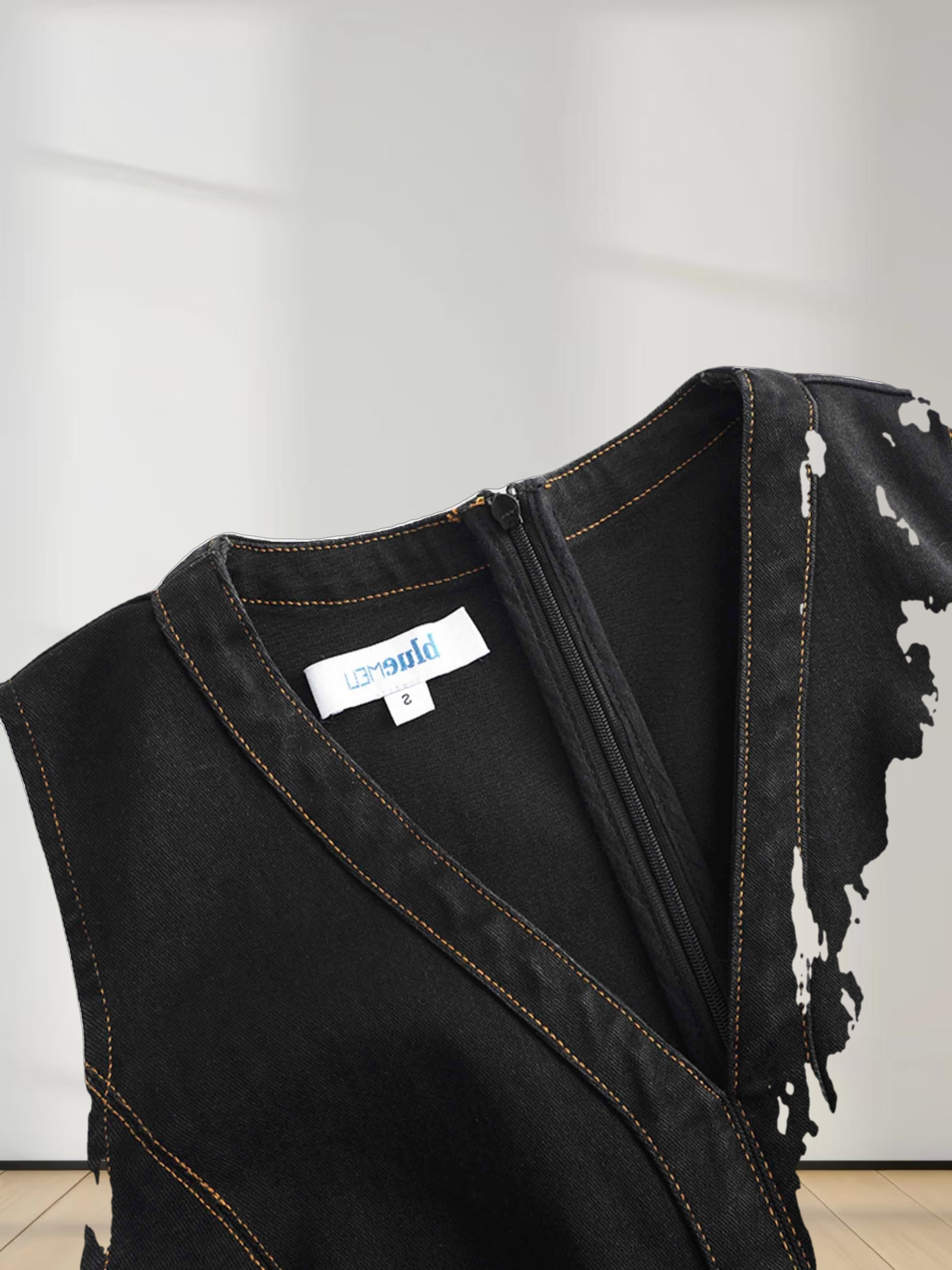 High Waisted V Neck Denim Jumper-Black