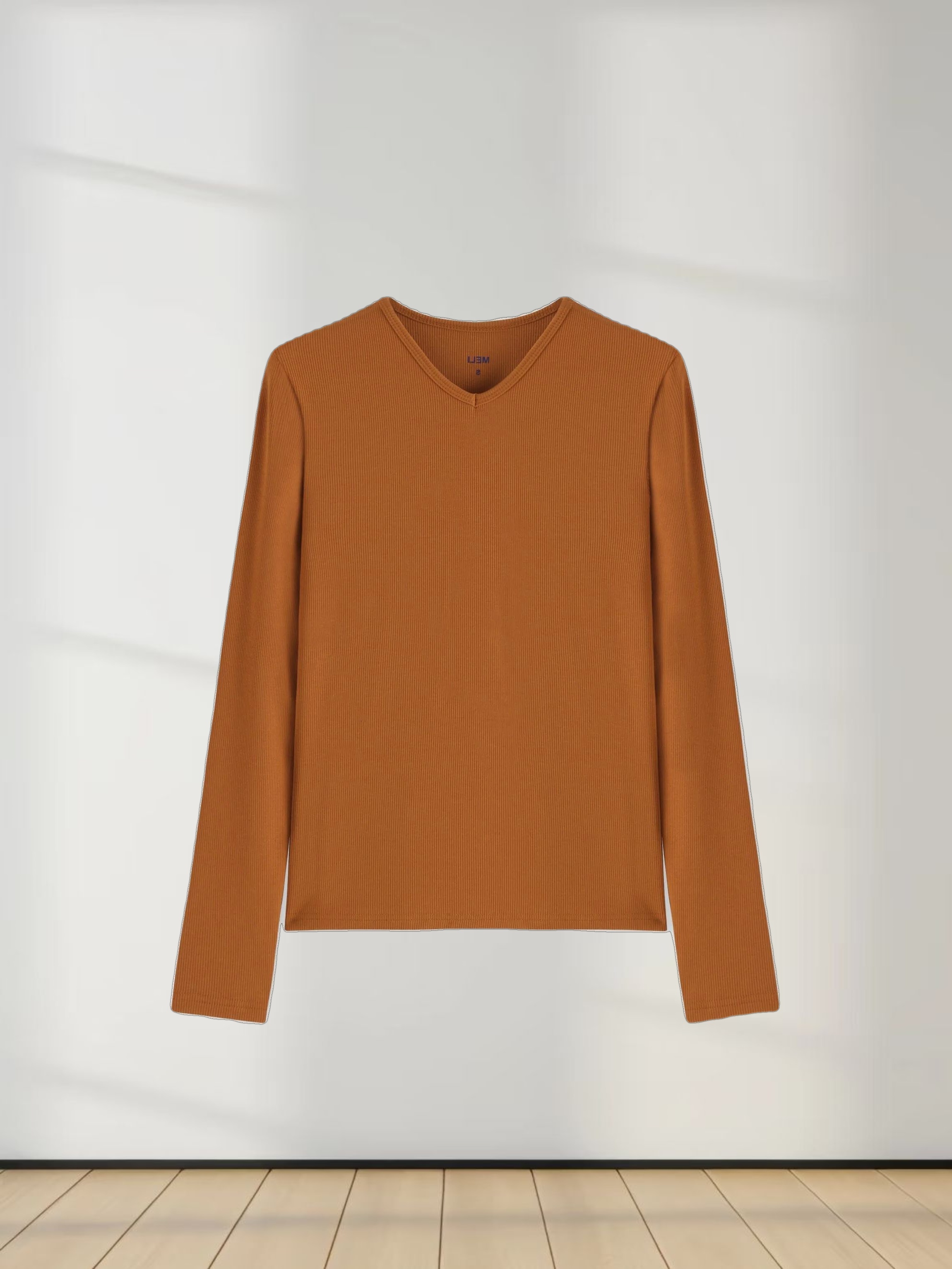 High V Ribbed Tee LS-Cognac