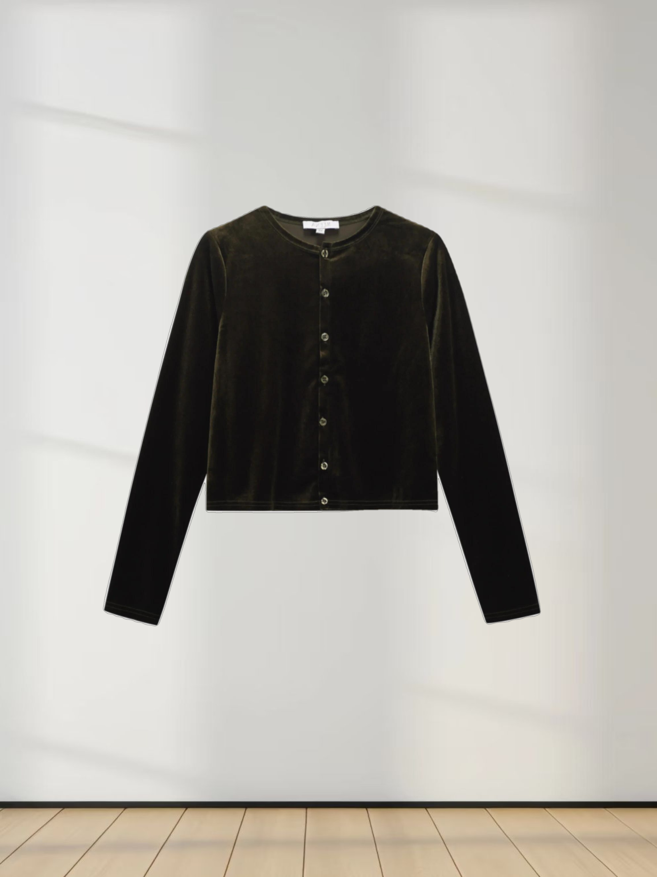 Velour Button Down Crew Cardigan-Green