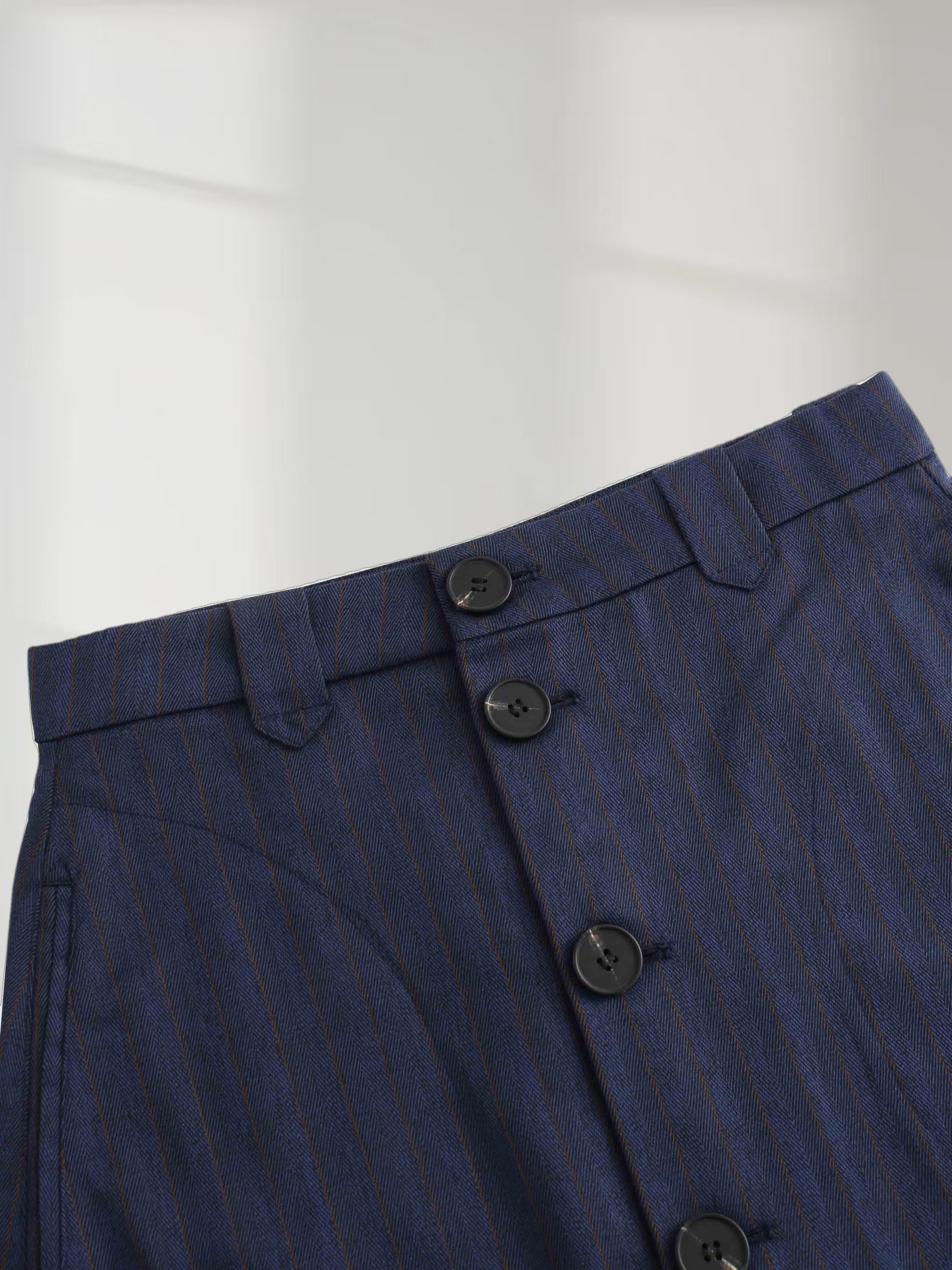 Herringbone Pinstripe Button Down A-Line Skirt-Navy/Brown