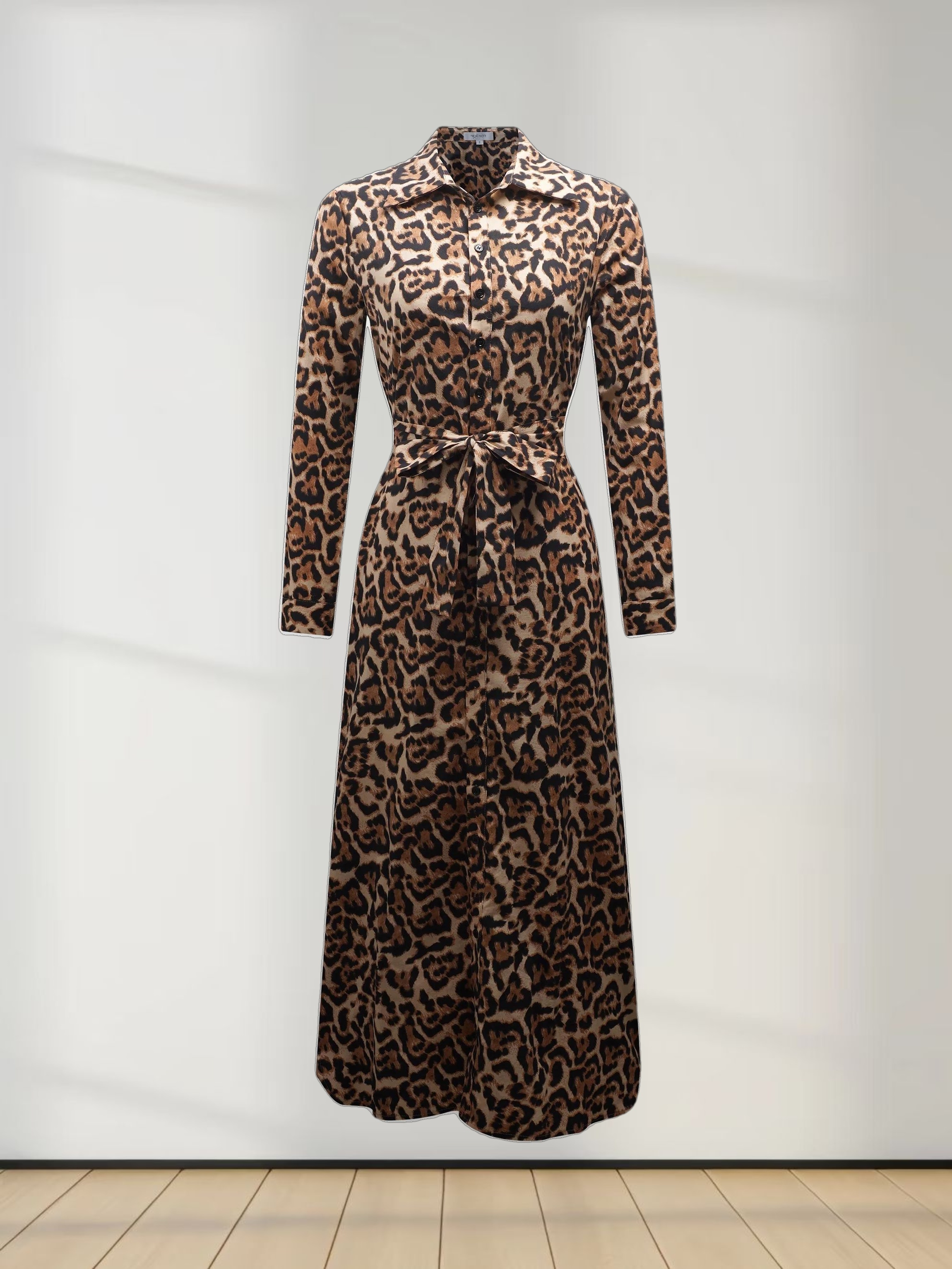 Long Button Down Shirtdress-Leopard Print
