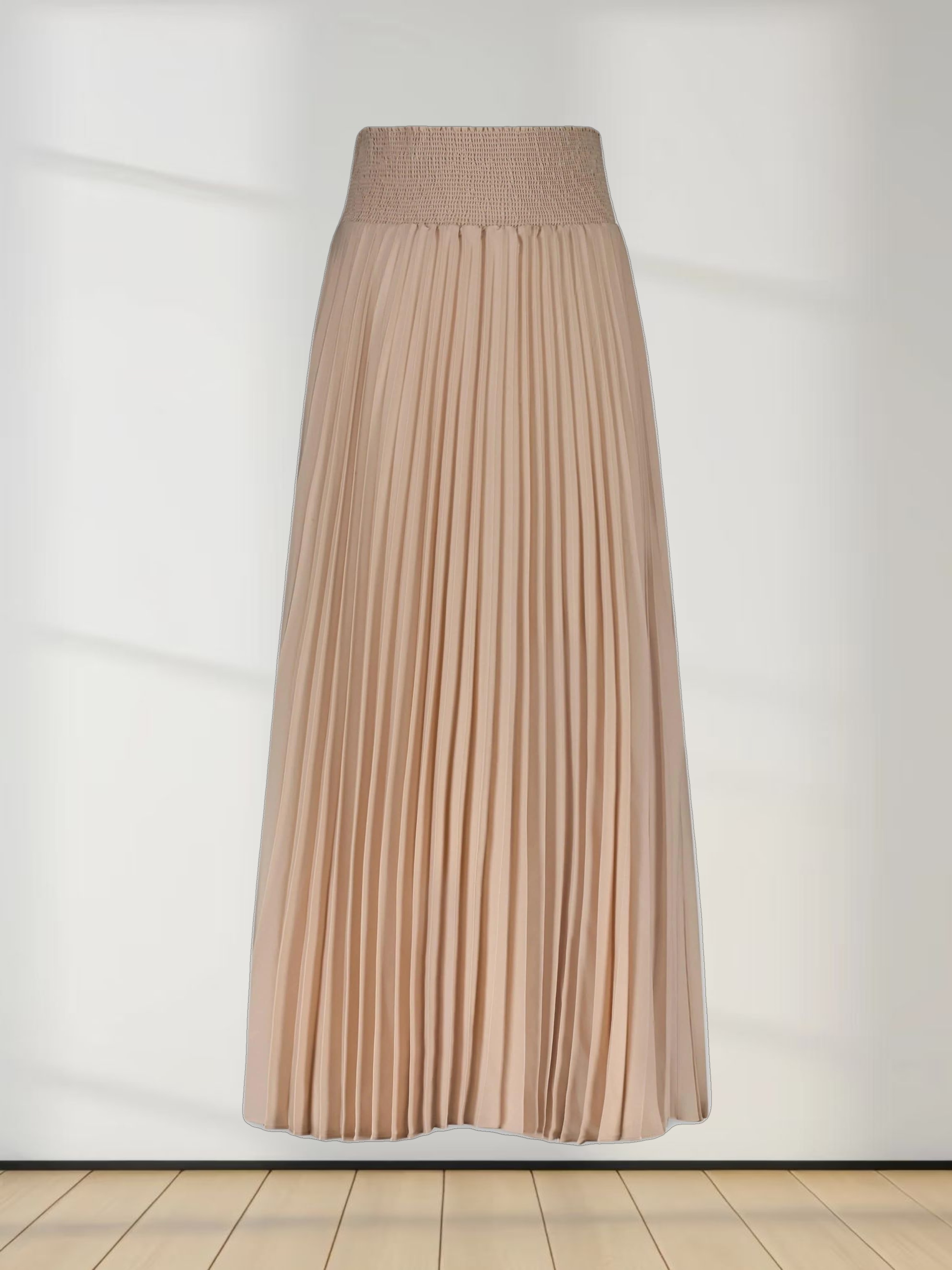 SHIRRED WAIST PLEATED SKIRT (LONG)-TAN