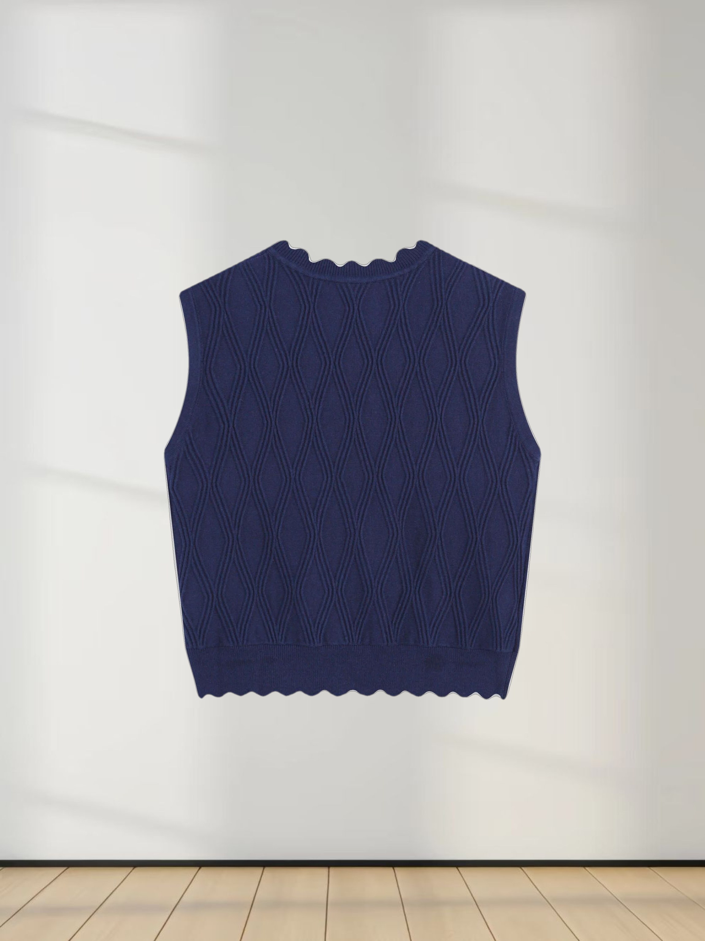 Scalloped Sleeveless Crew Neck Sweater-Blue