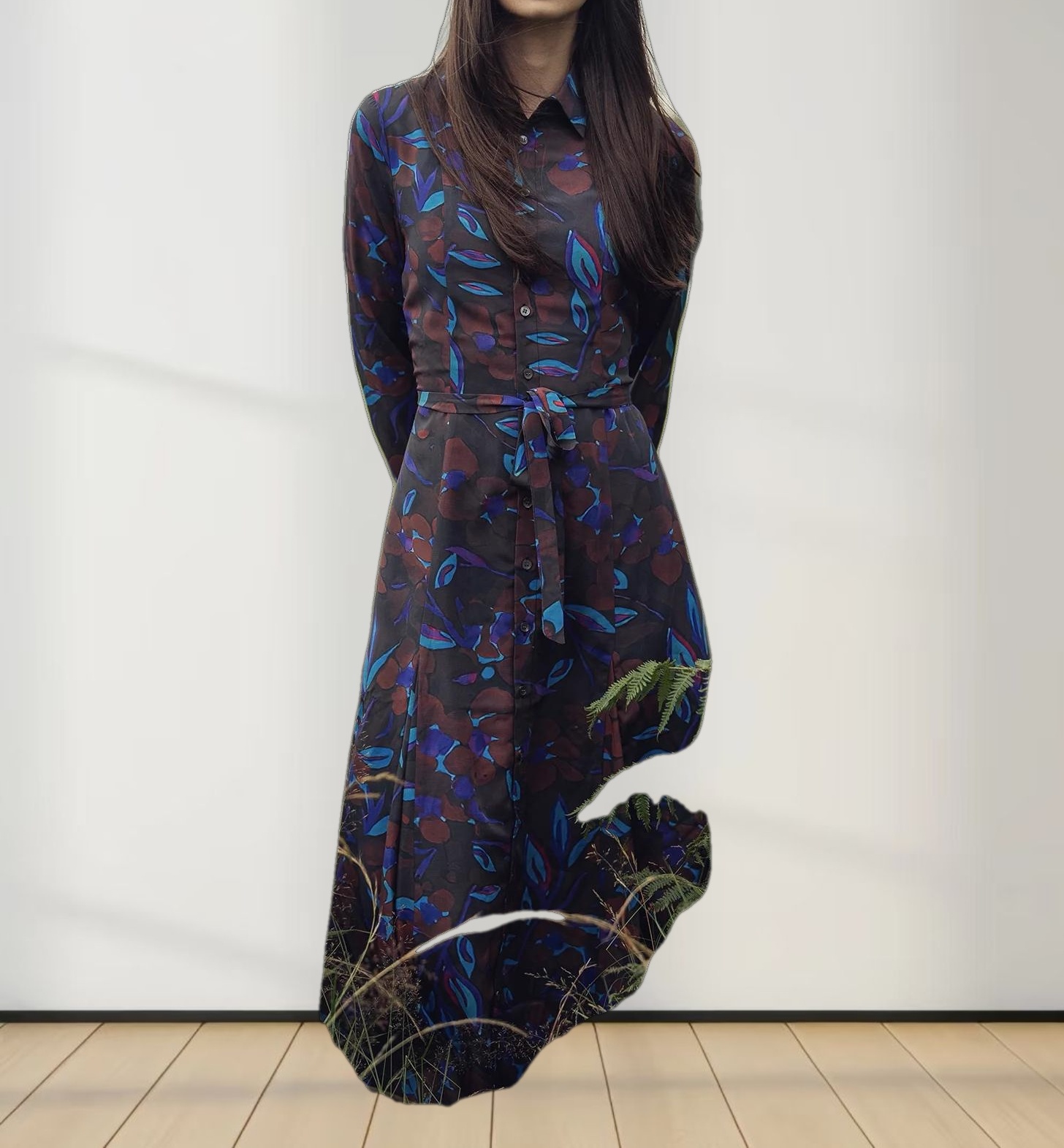 Collared A-Line Shirtdress-Brown Floral