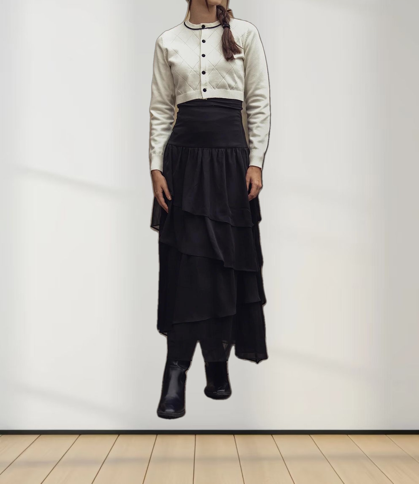 Velvet Detail Pointelle Crew Cardigan-Cream/Black