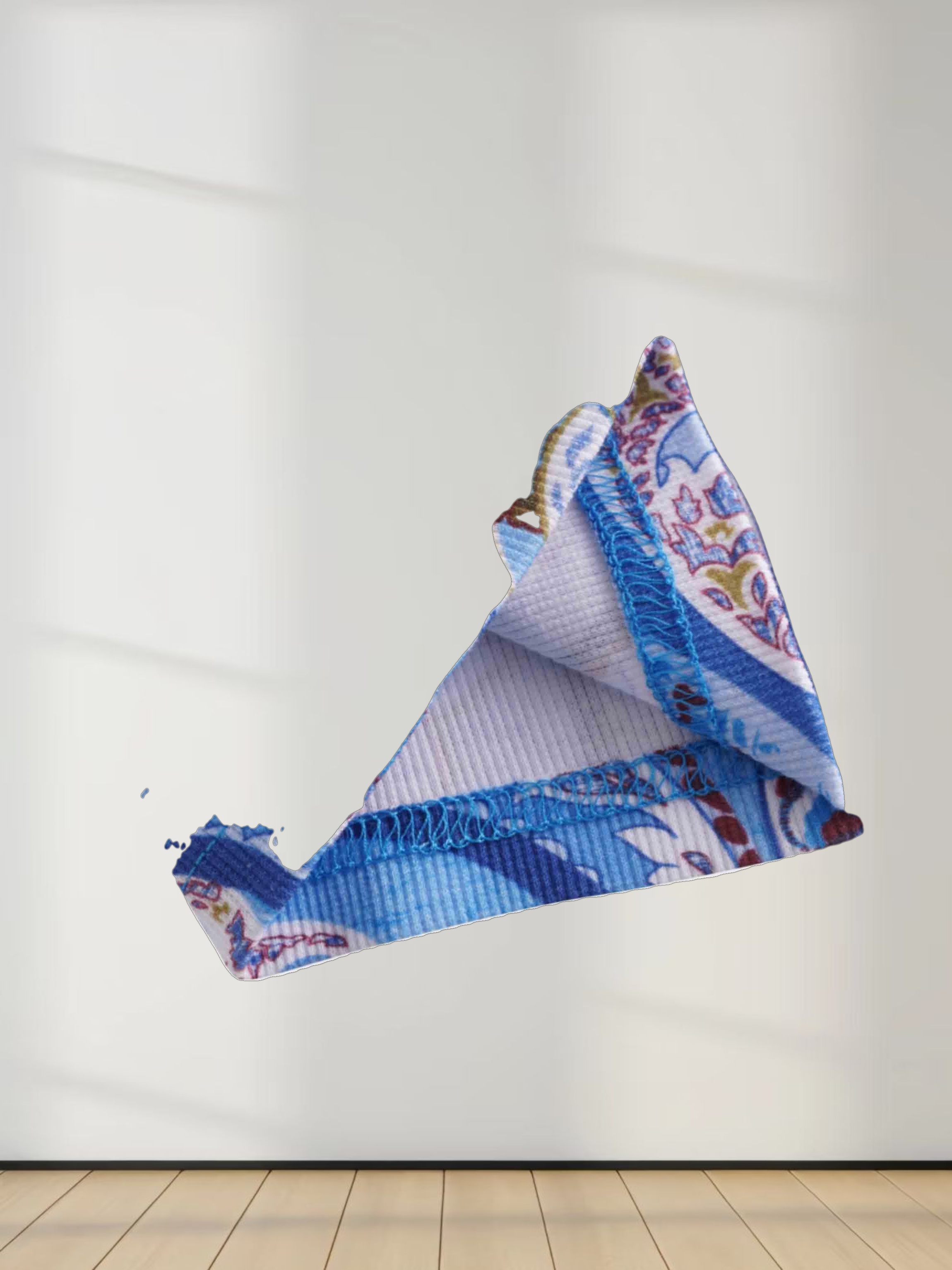 Ribbed Crew Neck Puff Sleeve Top-Light Blue Paisley