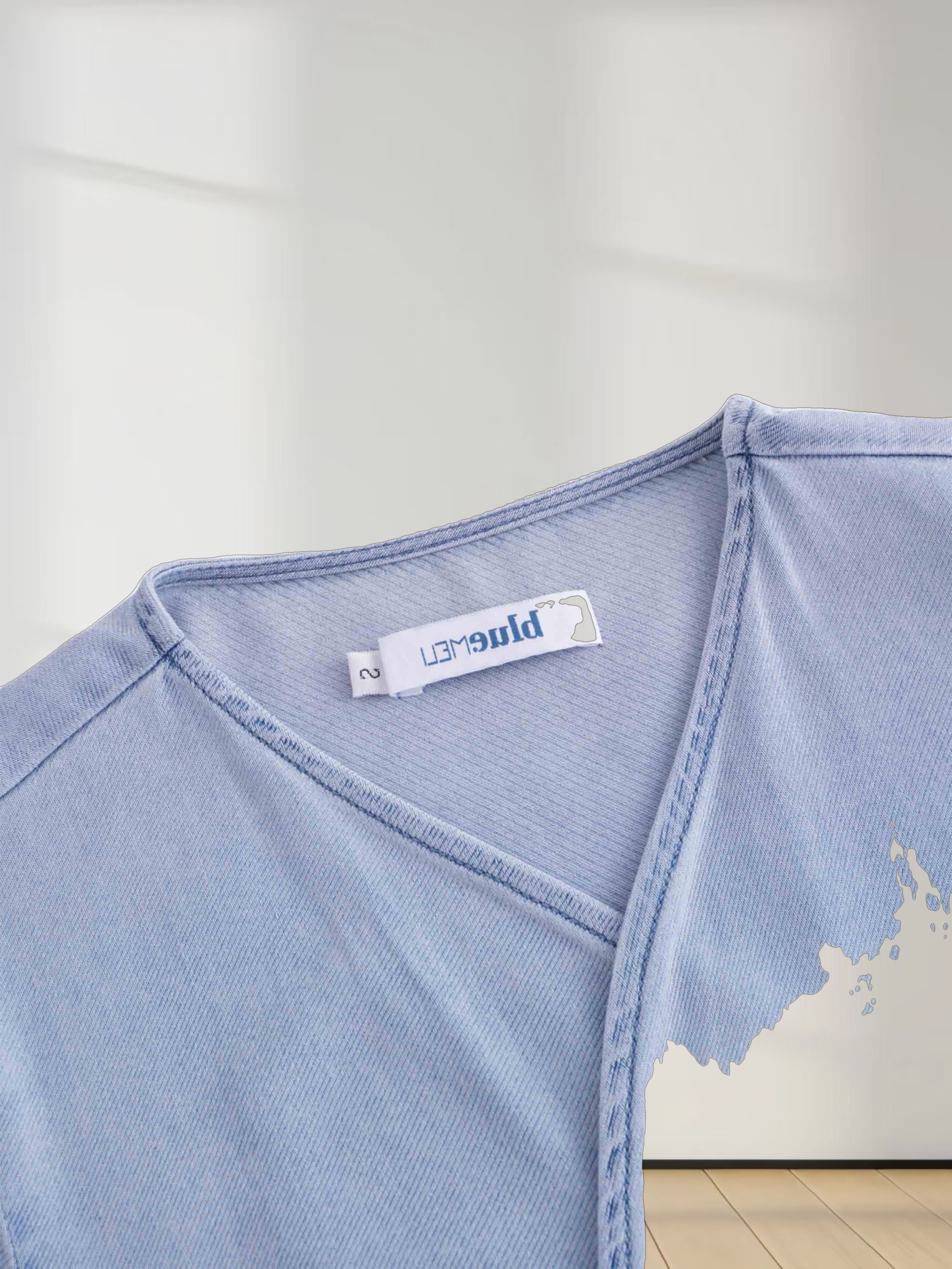 Chambray Denim Wrap Dress-Blue