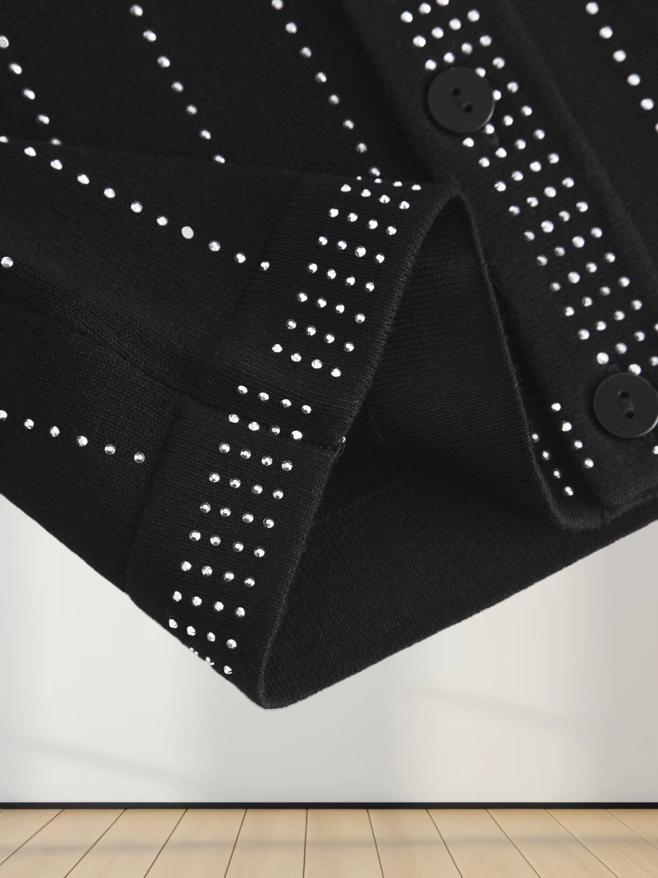 Crystal Pinstripe Crew Cardigan-Black