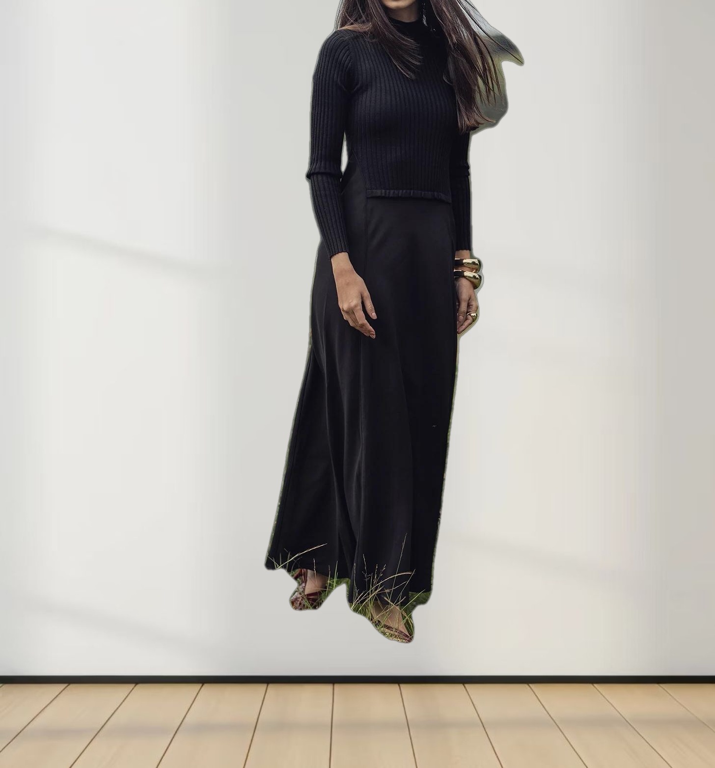 Crepe Bottom Dress-Black/Black