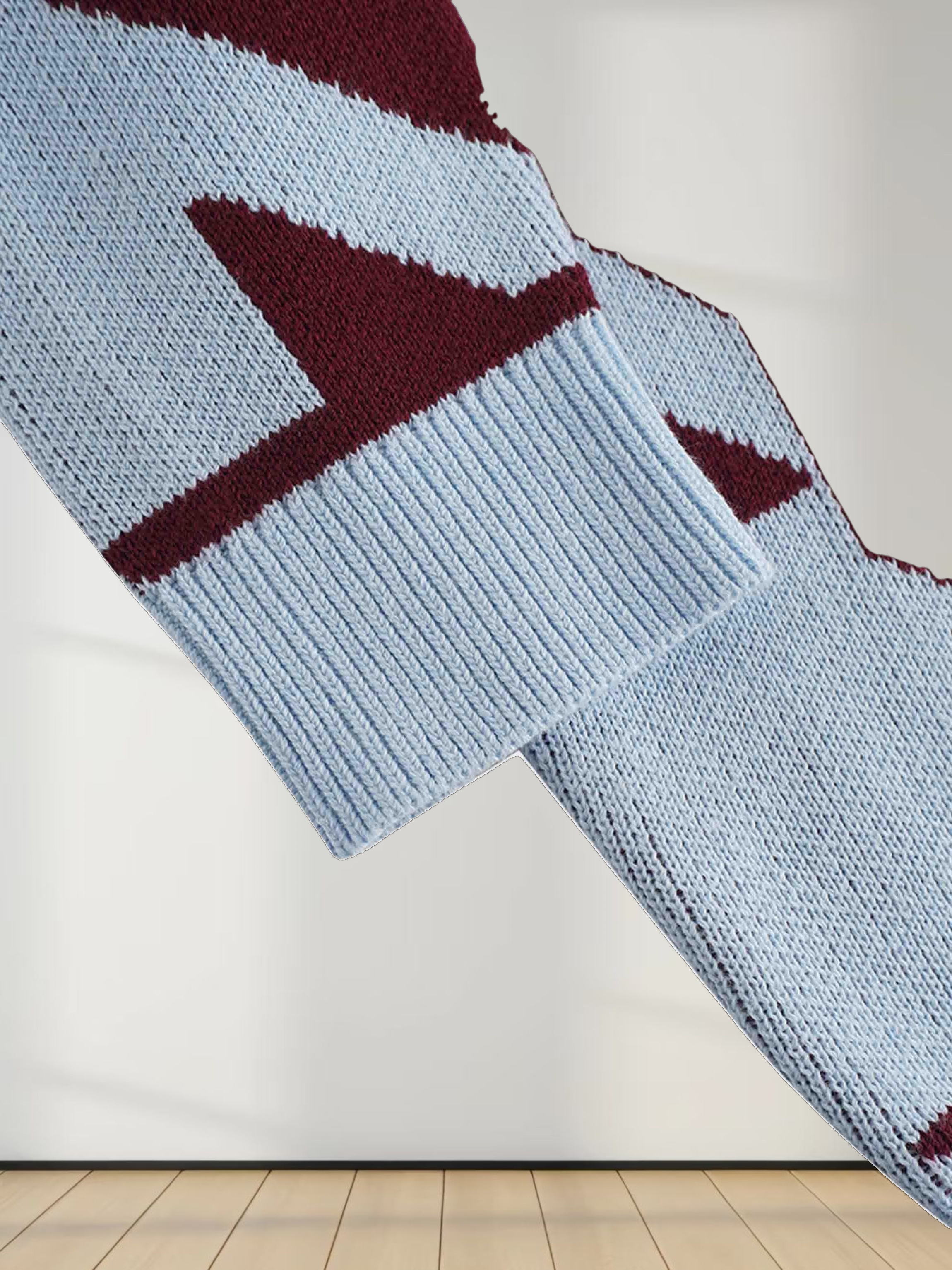 Oversized Houndstooth Sweater-Light Blue/Burgundy