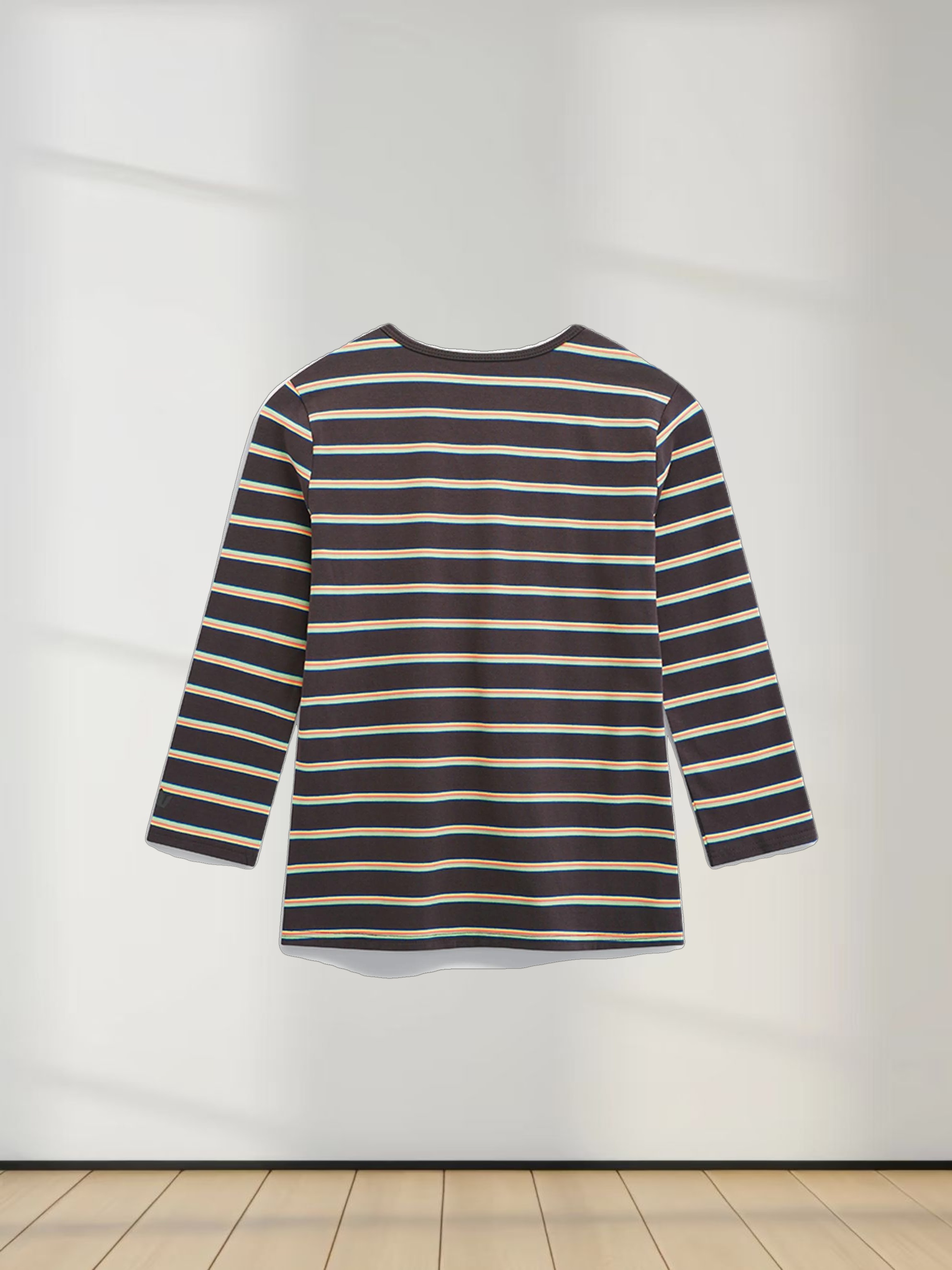 Flat Striped Crew Tee 3Q-Charcoal Grey/Neon Stripe