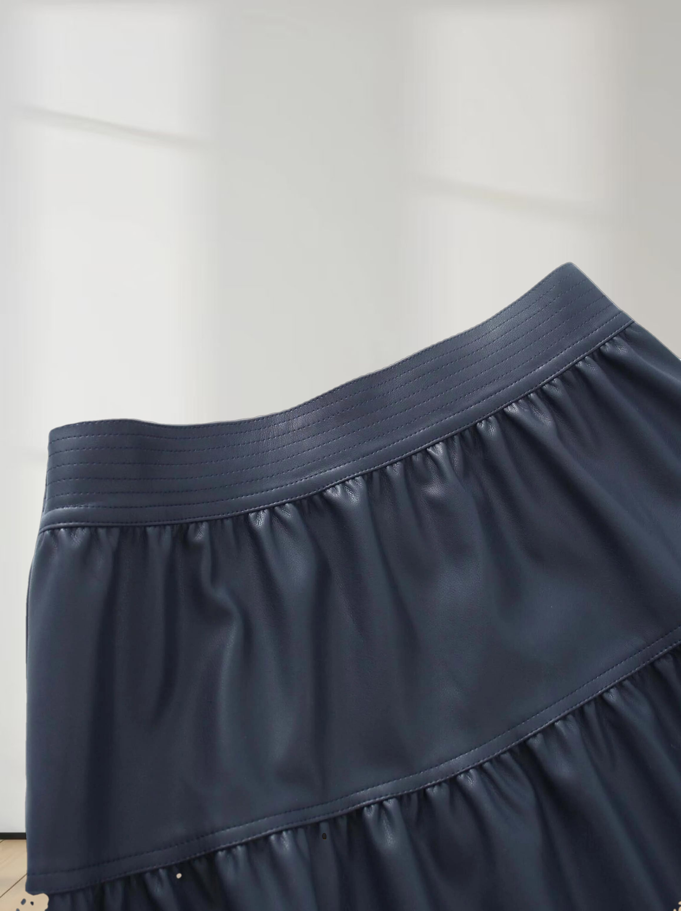 Drop Waist Leather Skirt-Navy