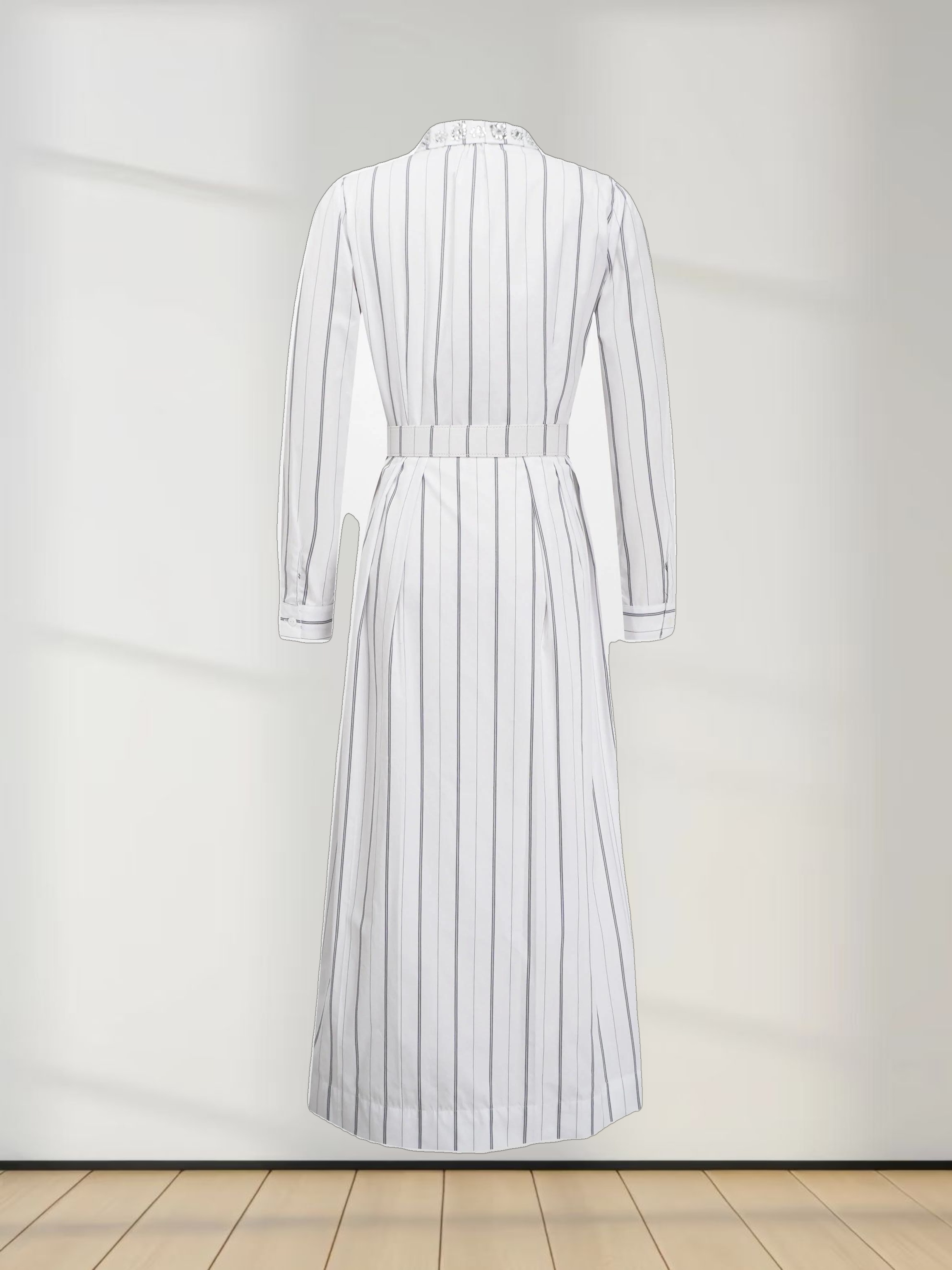 Jeweled Collar Belted Shirtdress-White Pinstripe