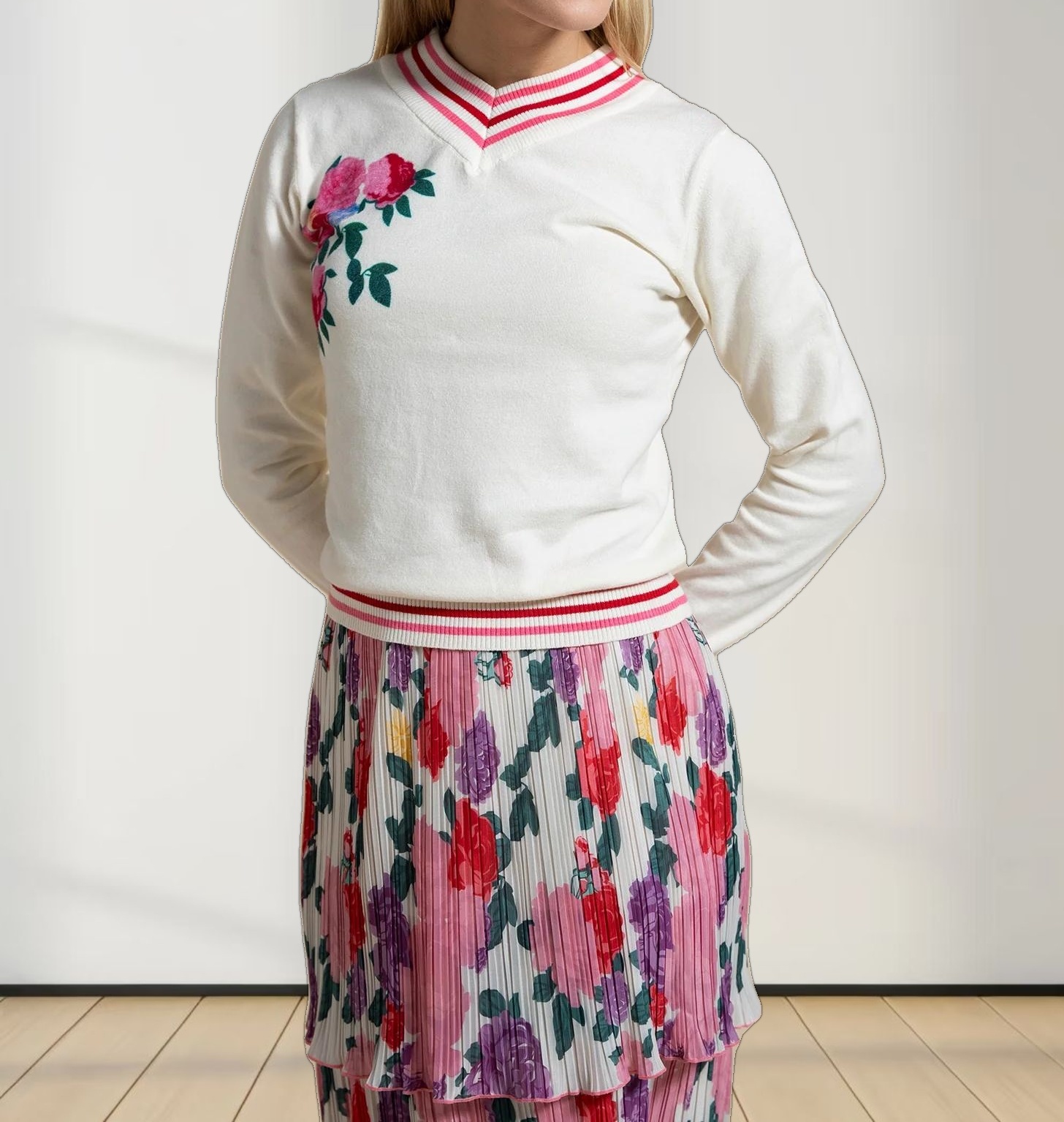 Varsity Floral Design Sweater-Pink Floral