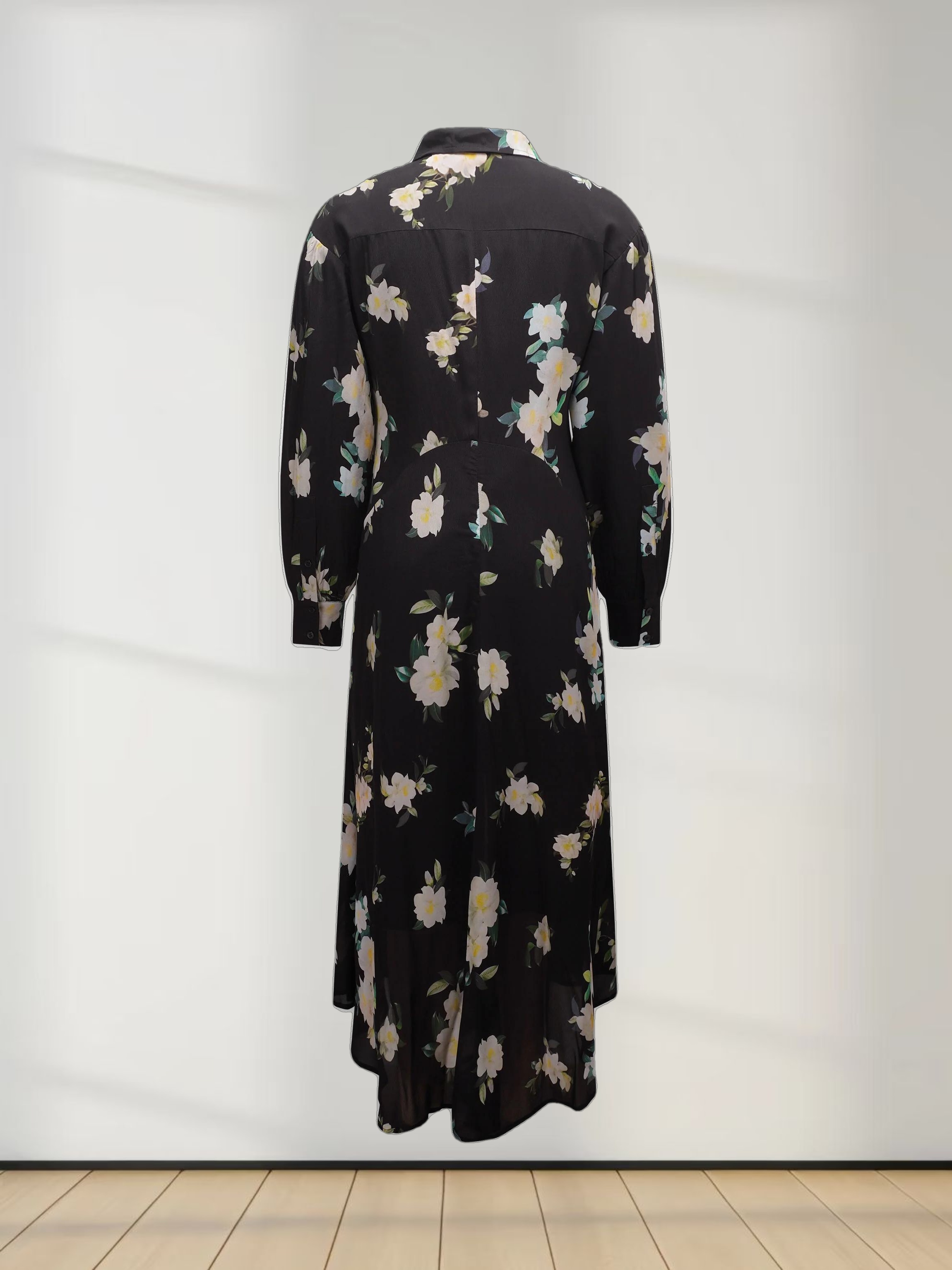 Printed Shirred Pocket Dress-Black and White Floral