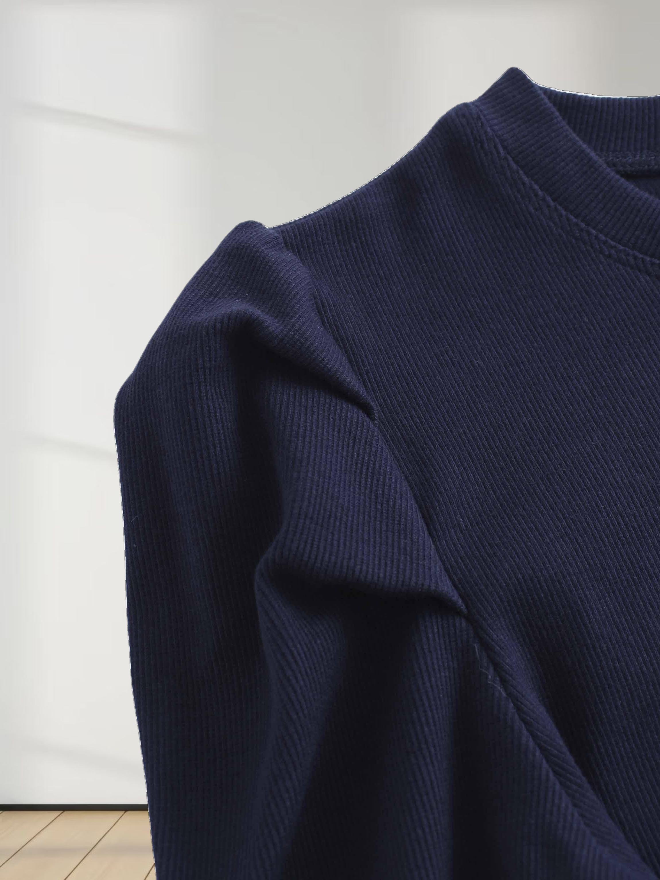 Ribbed Crew Neck Puff Sleeve Top-Navy