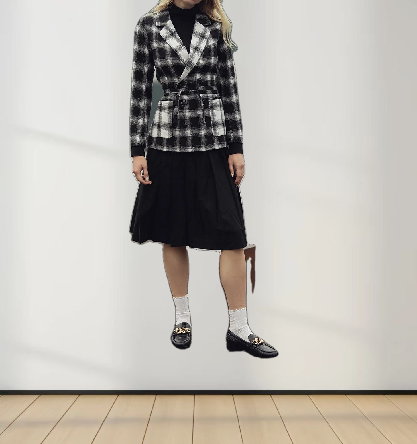 Double Breasted Belted Blazer-Black/White Plaid