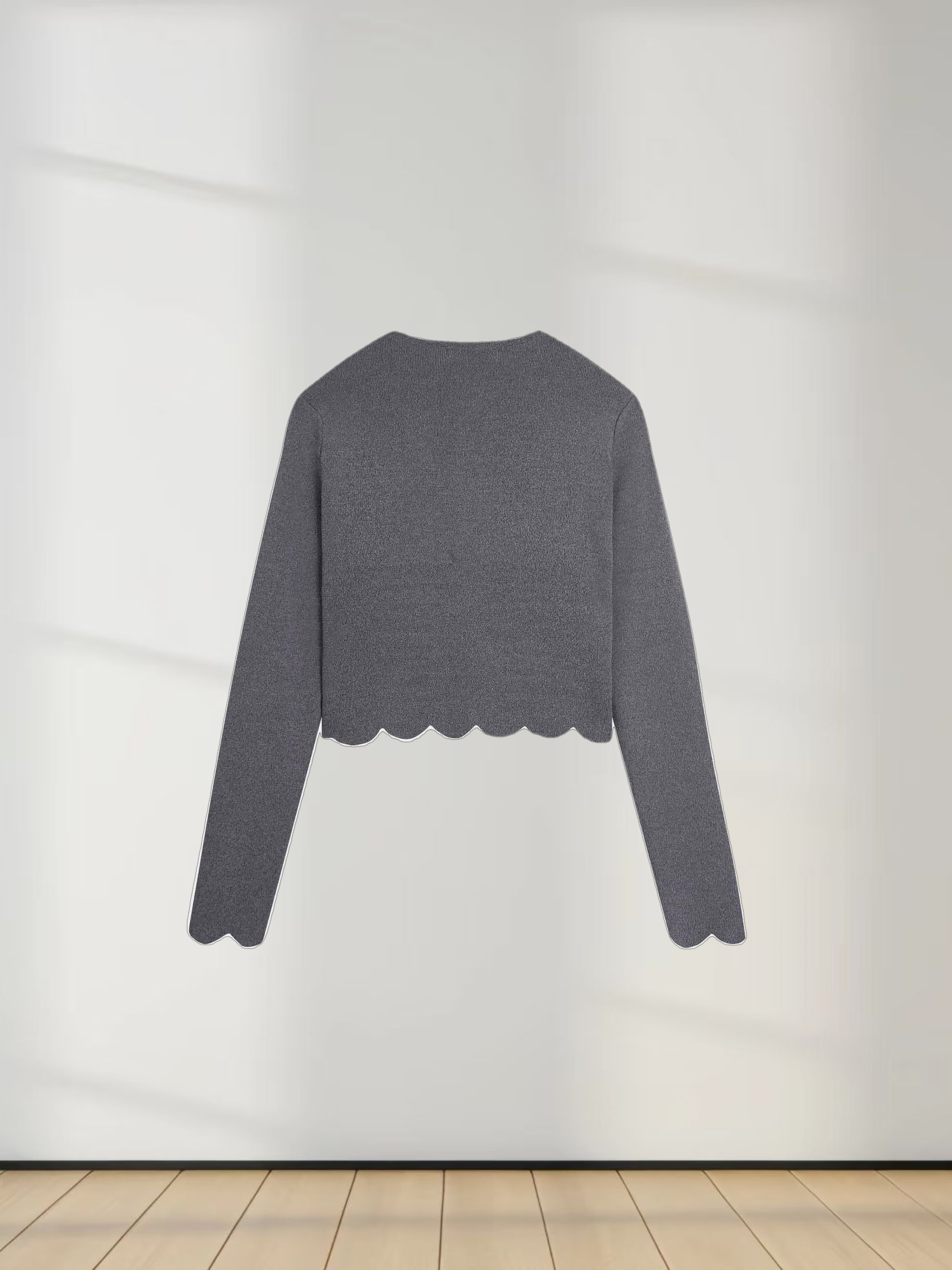 Scallop Edge Crew Cardigan SHORT-Heather Grey