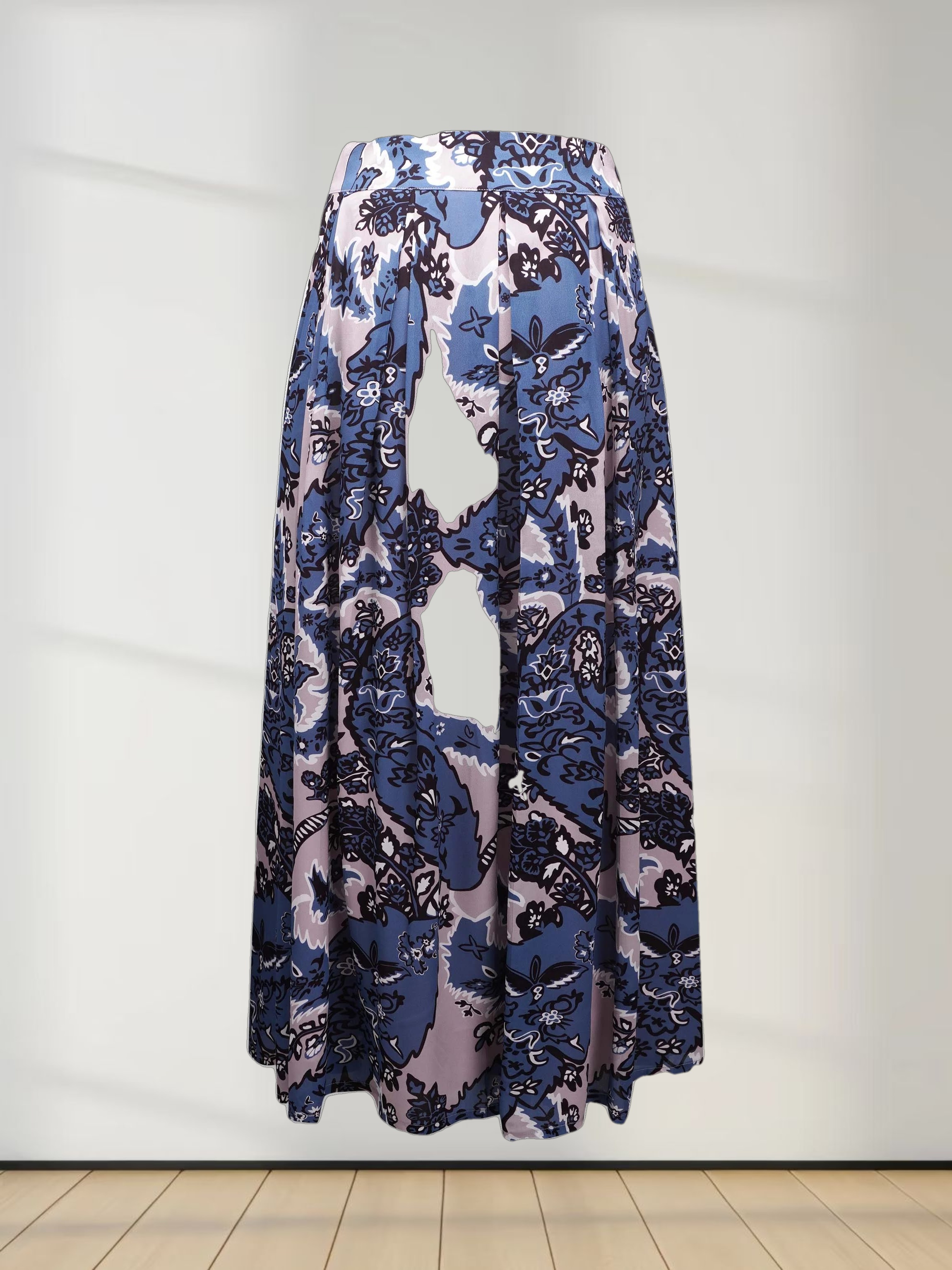 Box Pleated Chiffon Skirt-Blue/Taupe Paisley
