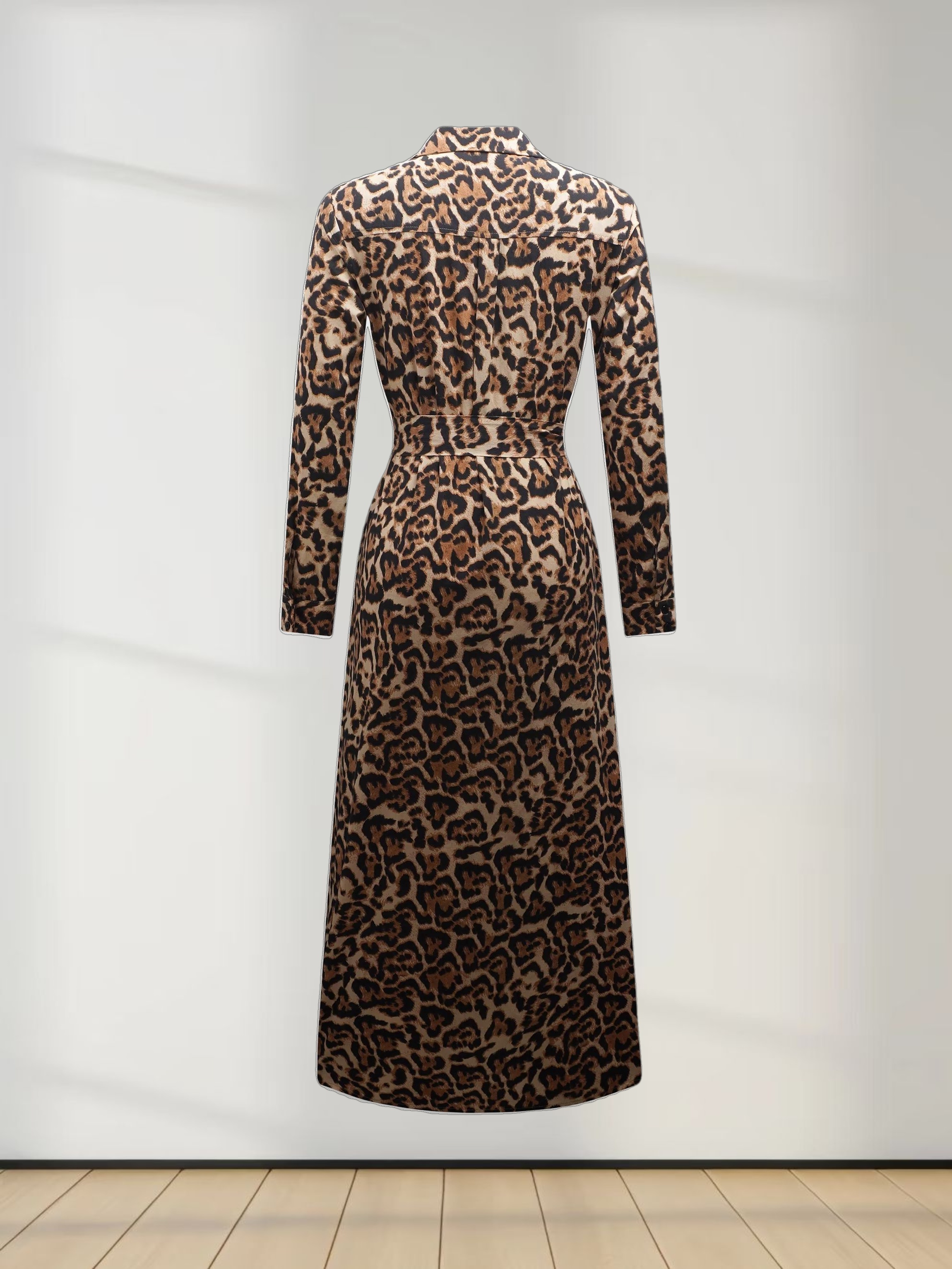 Long Button Down Shirtdress-Leopard Print