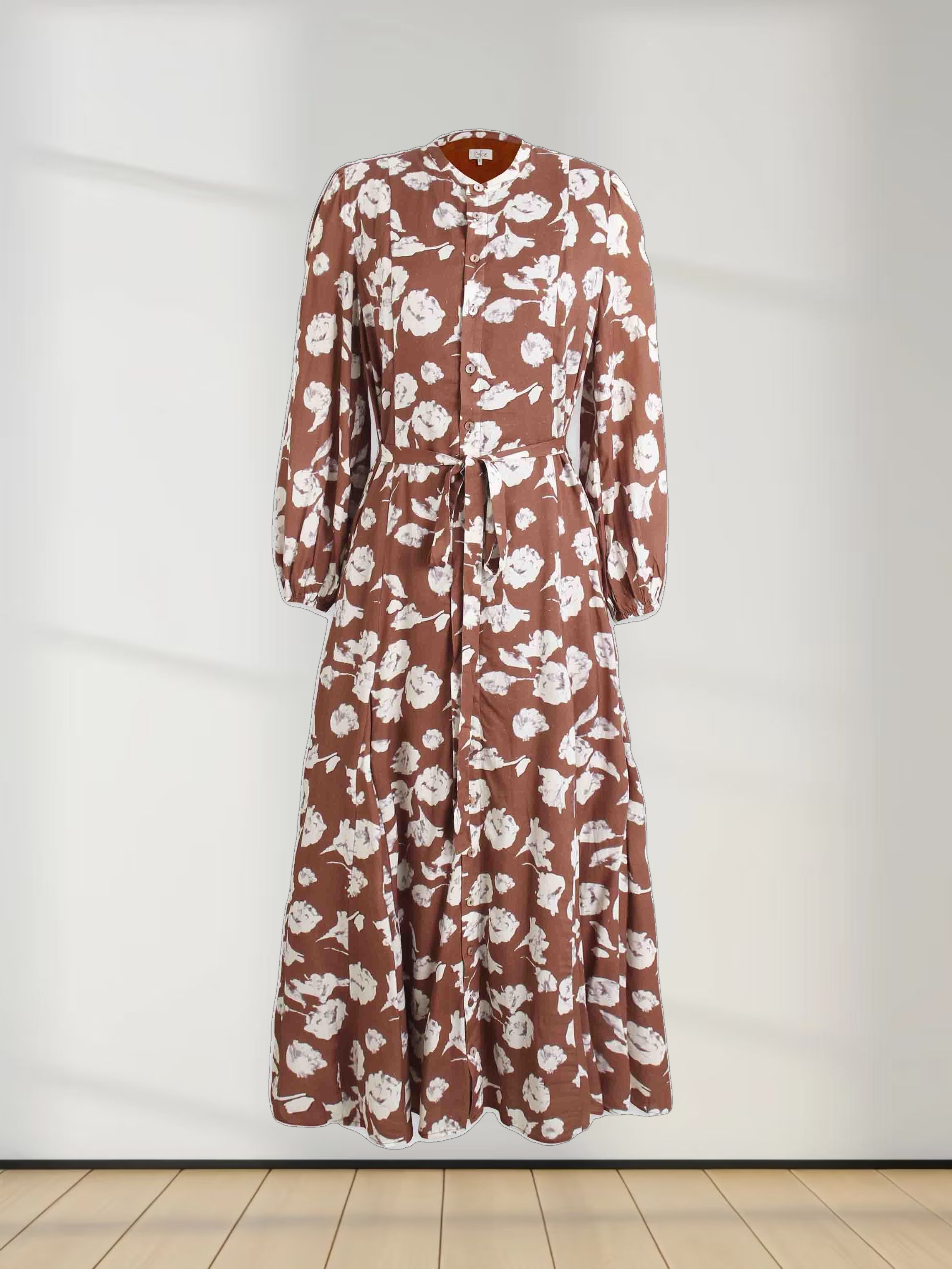 A Line Shirtdress-Brown Floral