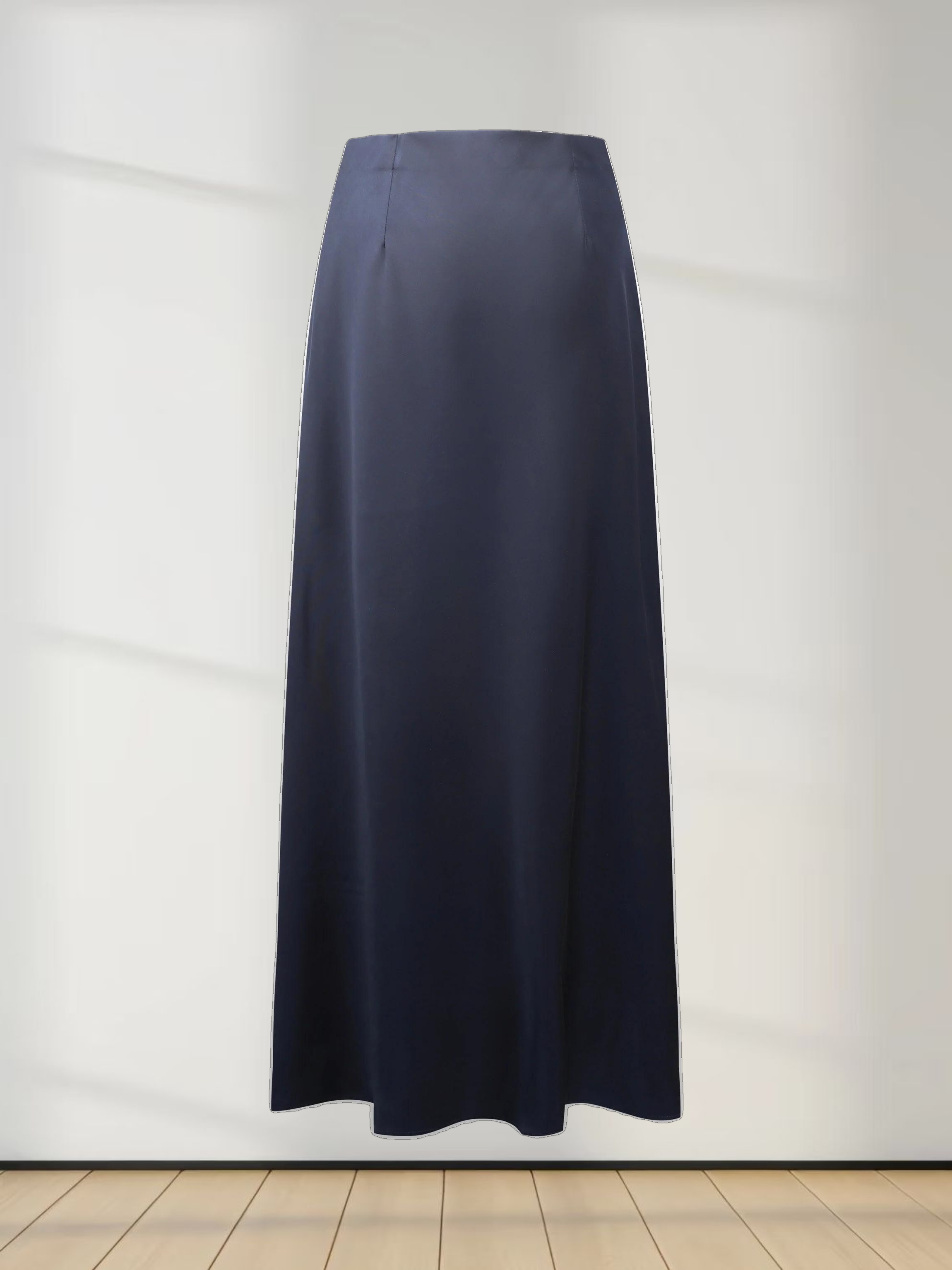 Solid Faux Satin Slip Skirt-Dark Blue/Navy