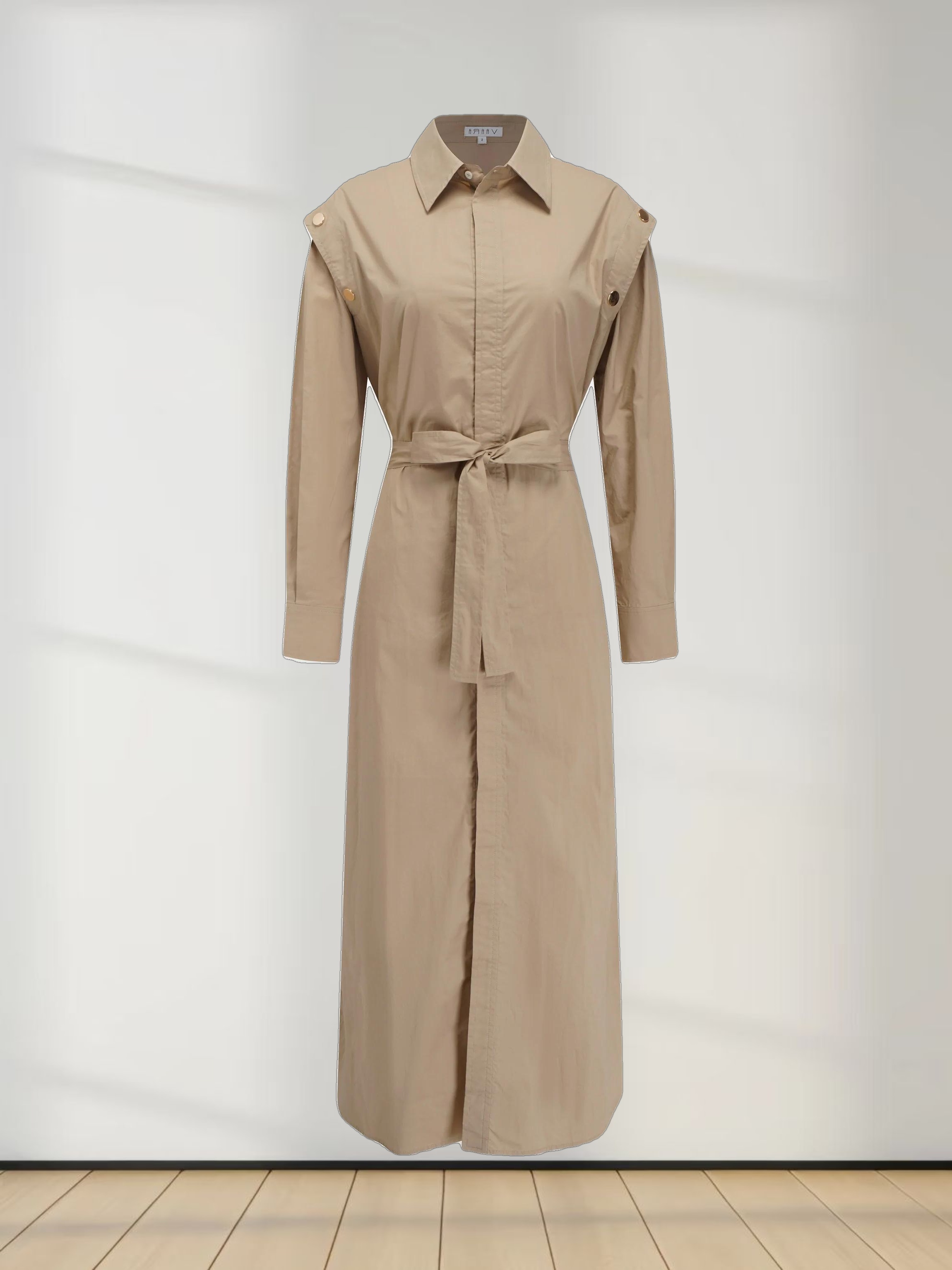 Button Overlay Shirtdress-Tan