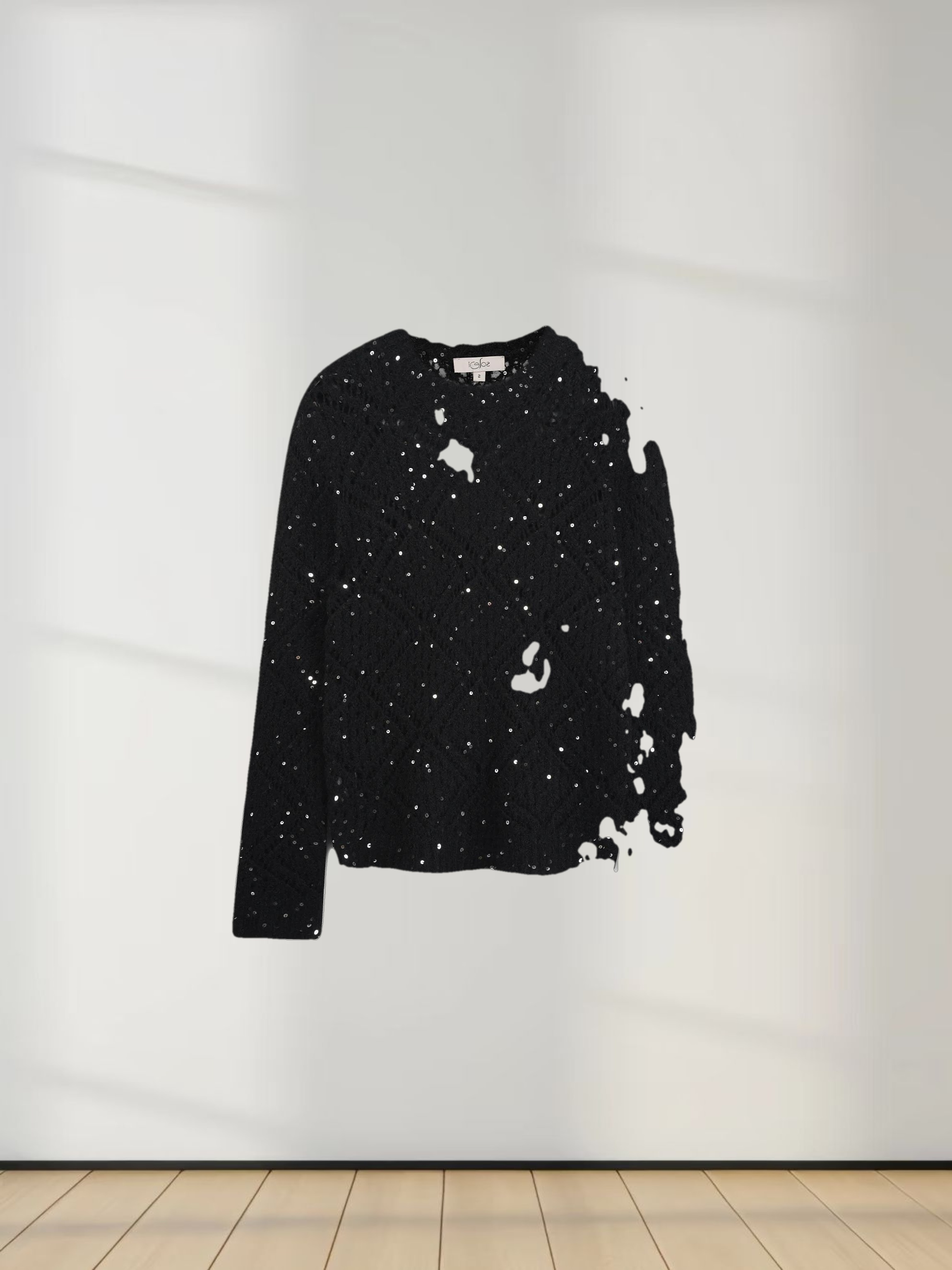 Open Crochet Knit Sequin Sweater-Black