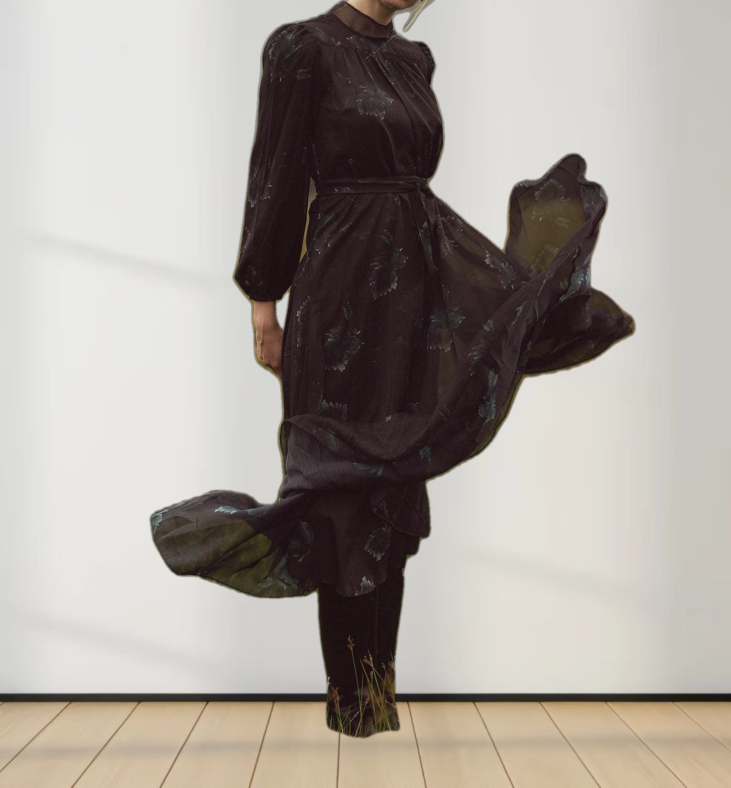 Asymmetrical Bottom Belted Dress-Green Floral