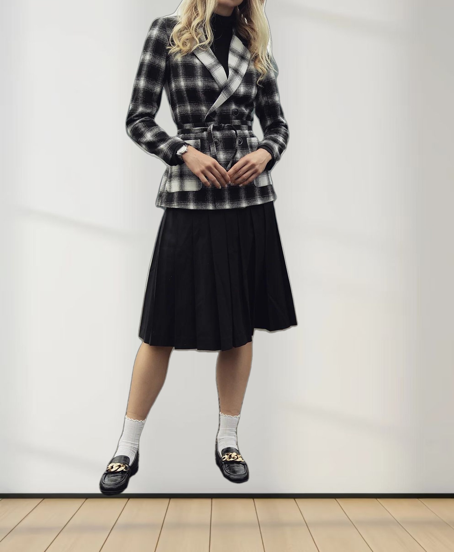 Double Breasted Belted Blazer-Black/White Plaid