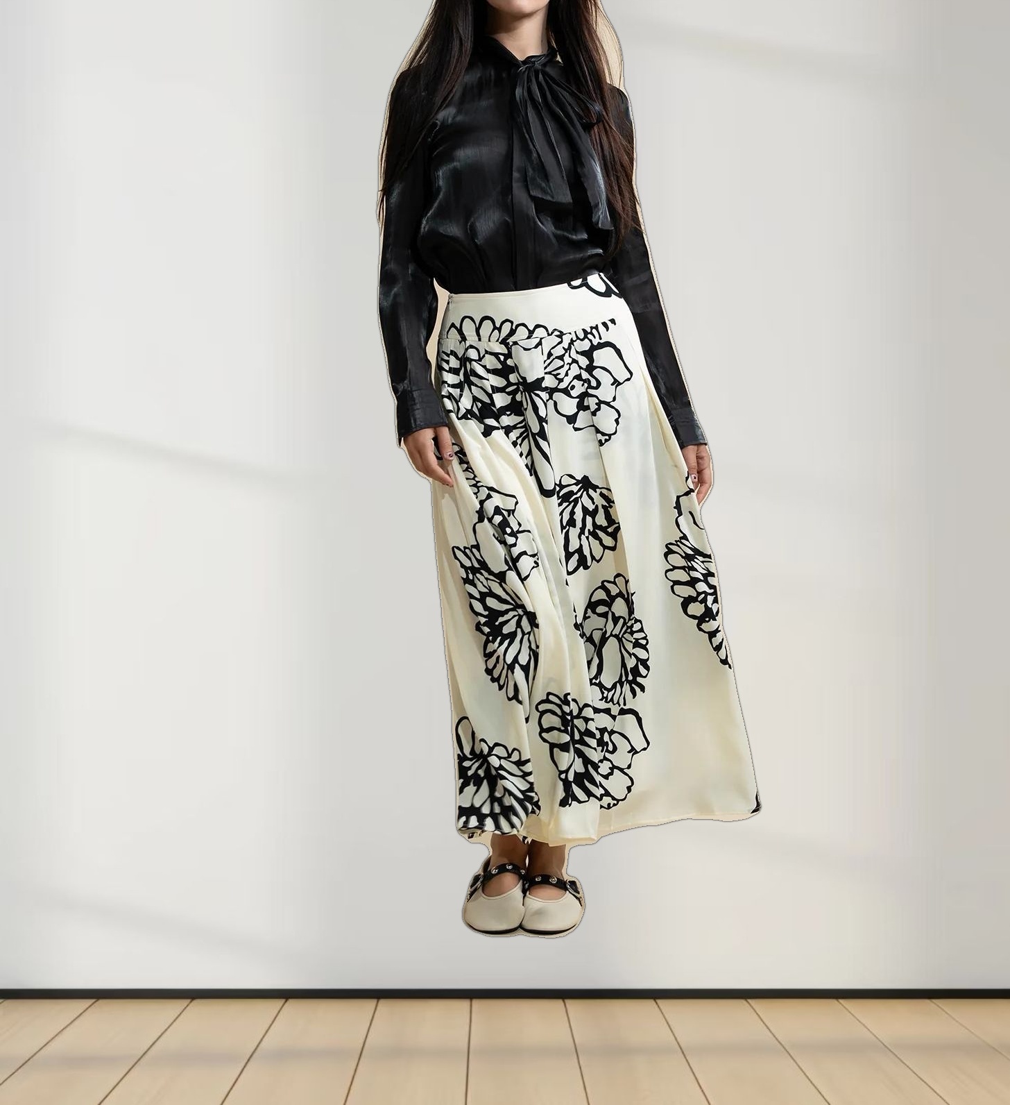 Printed Yoke Pleated Skirt-Cream/Black Floral