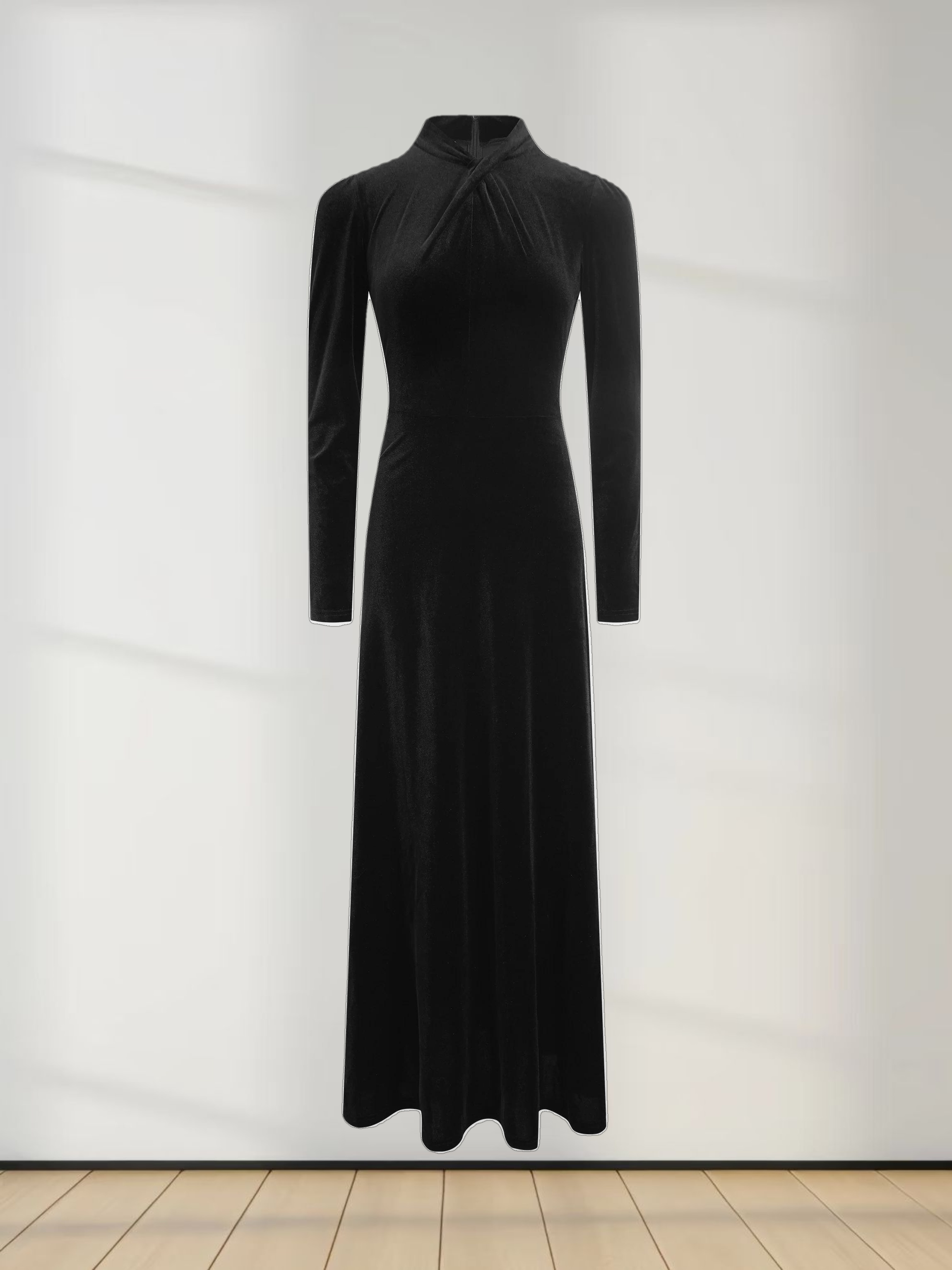 Velour Front Knot Maxi Dress-Black
