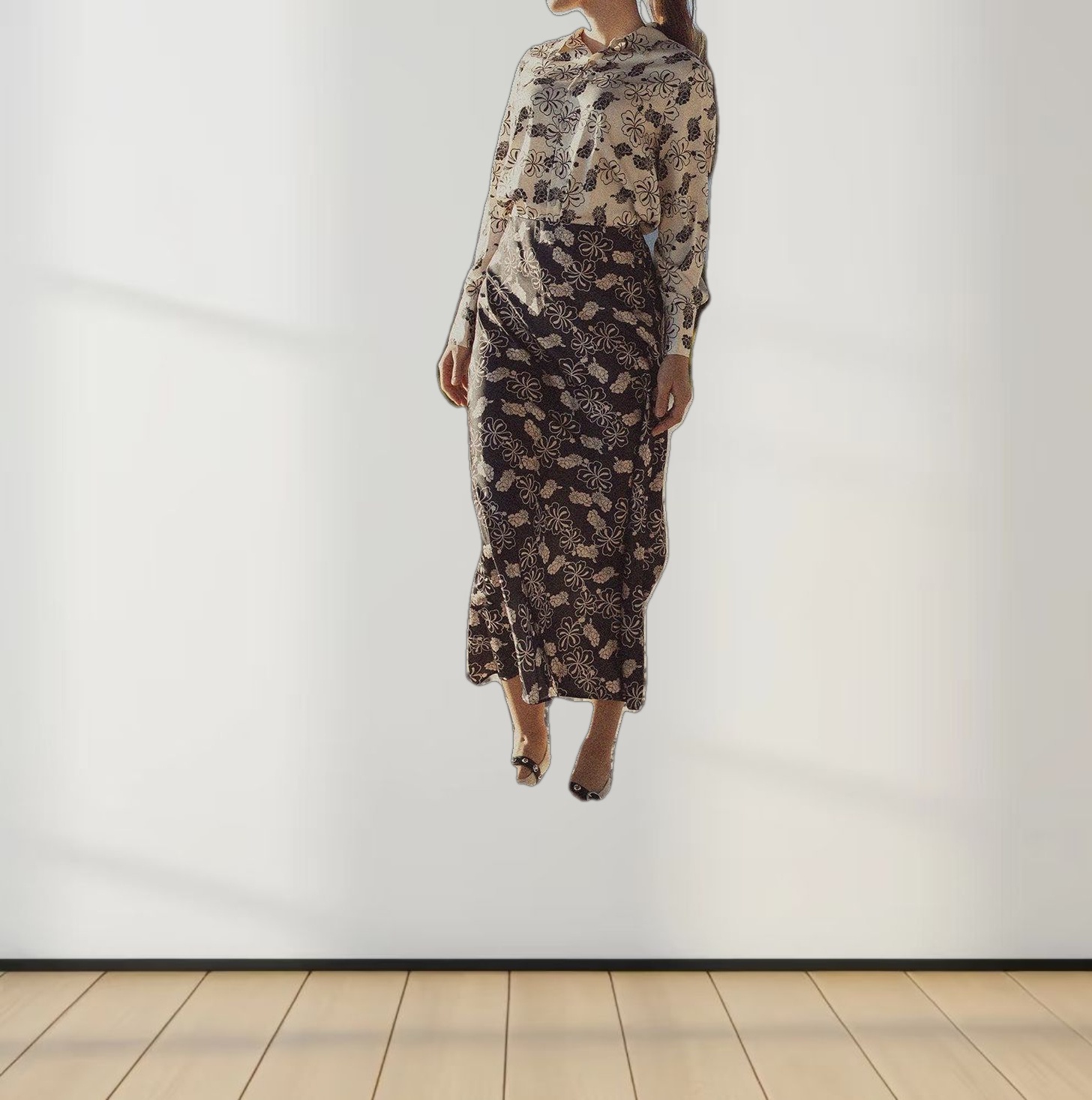 Oversized Faux Satin Blouse-Navy/Taupe Floral