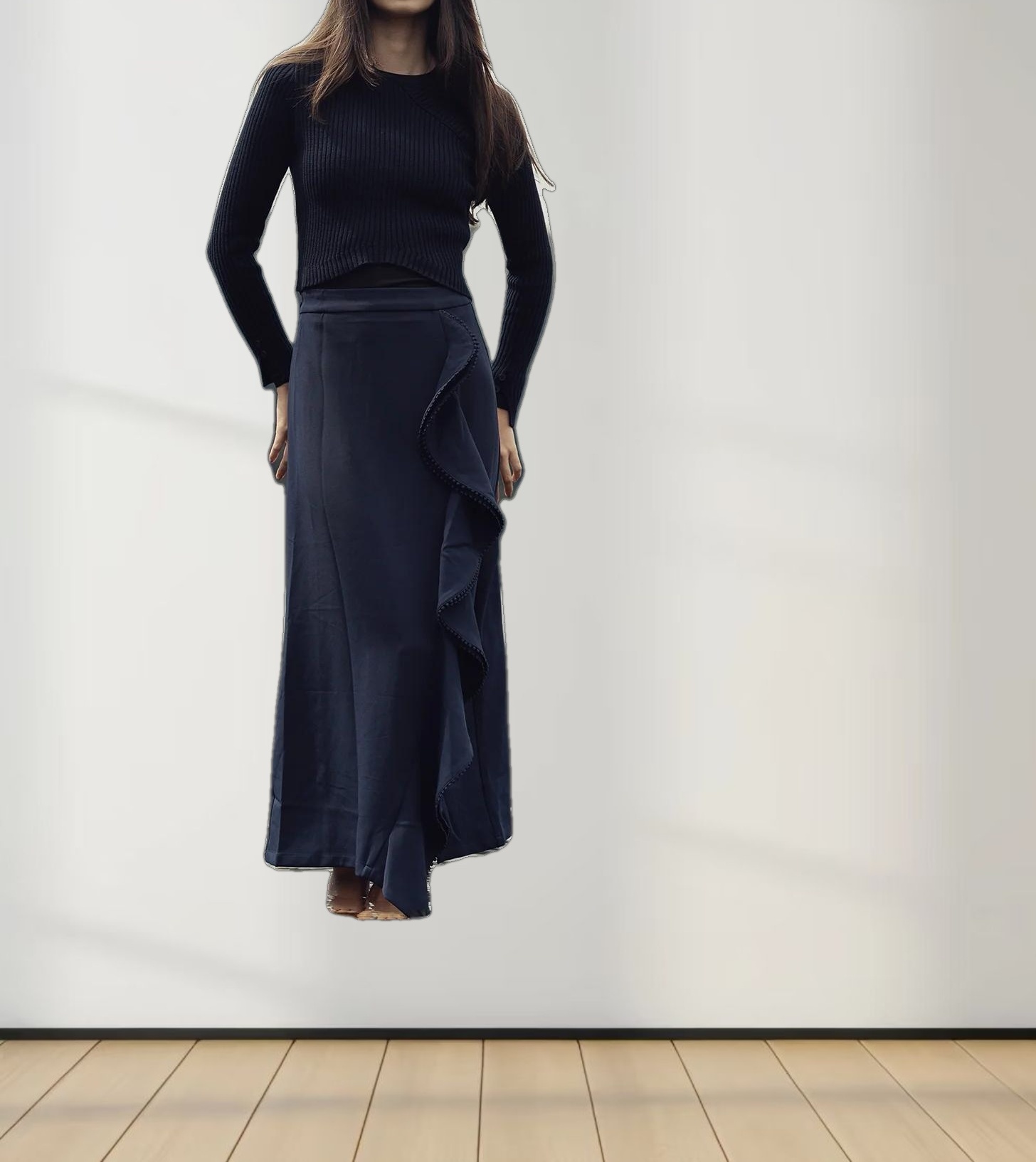 Side Ruffle Skirt-Navy