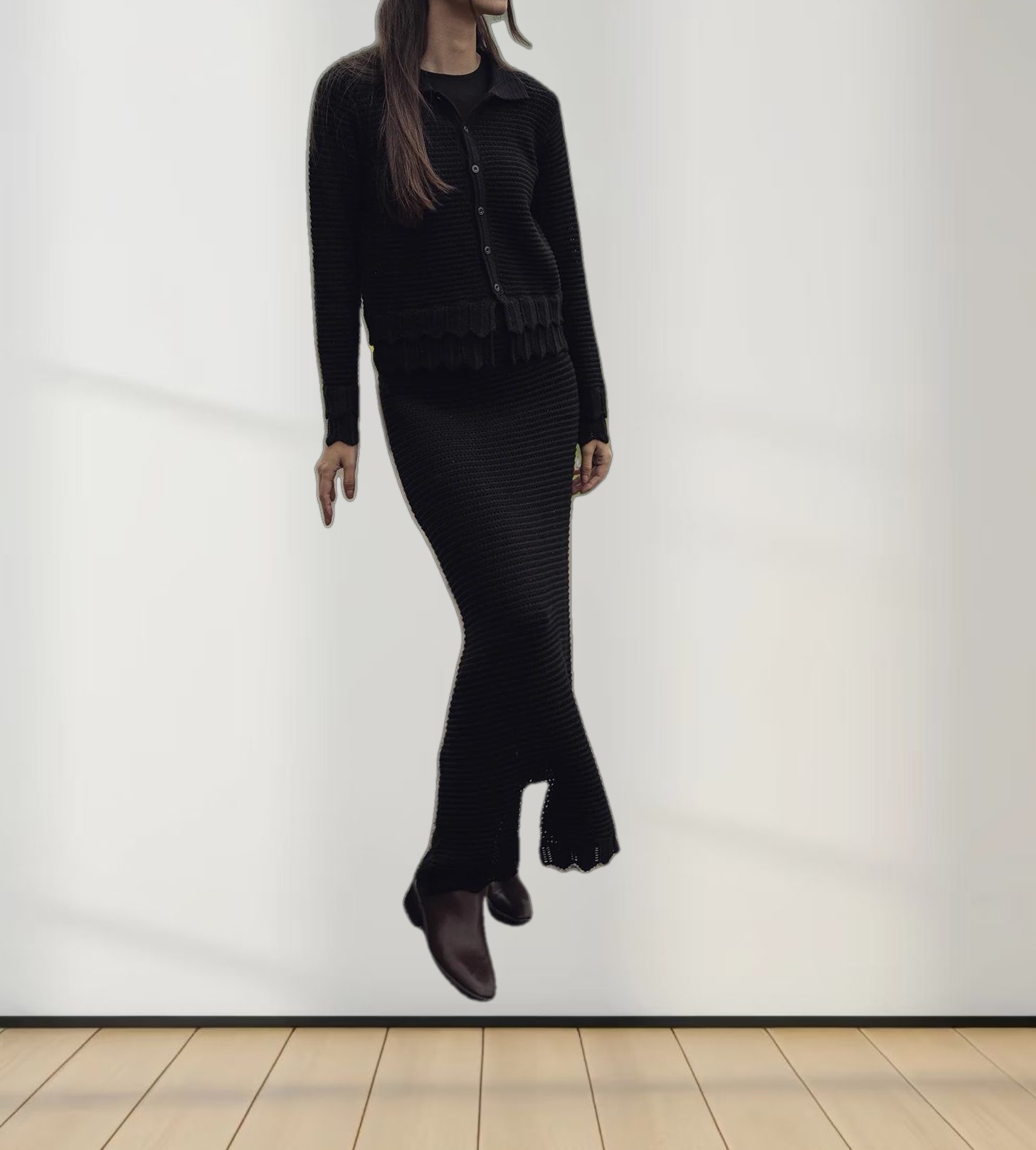 Crochet Ruffle Cardigan-Black