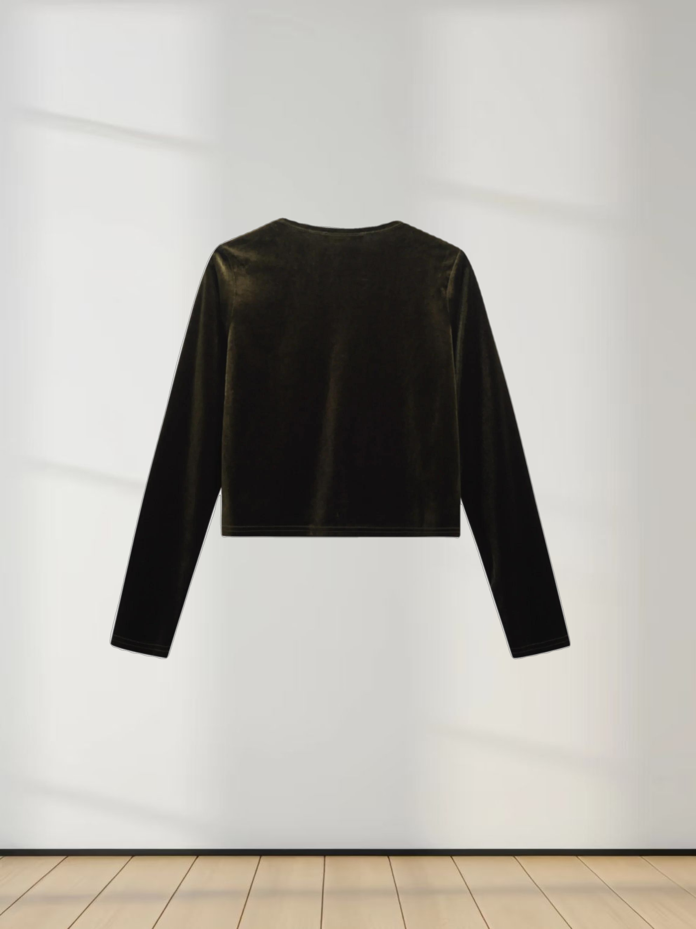 Velour Button Down Crew Cardigan-Green