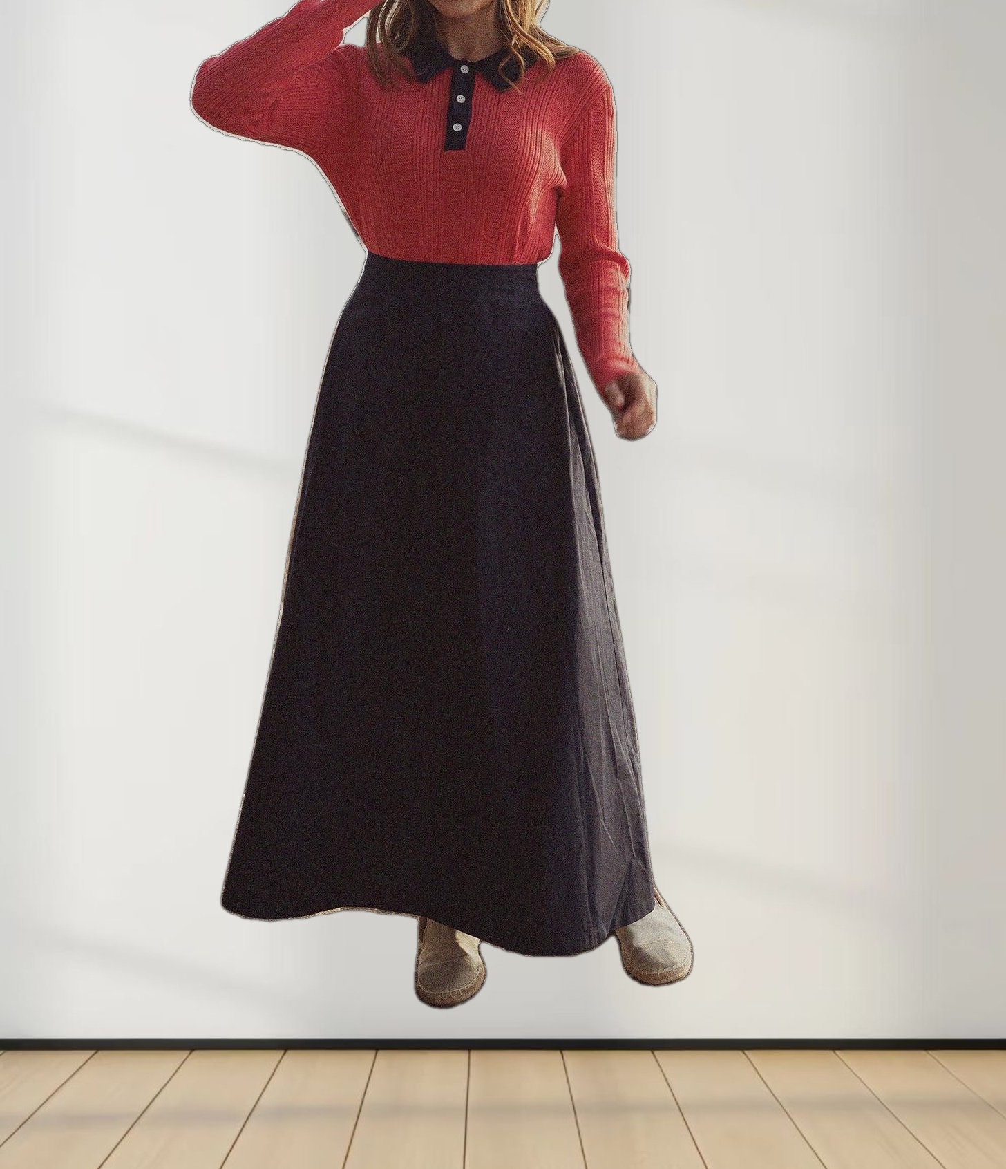 Elastic Back Maxi Cotton Blend Skirt-Navy