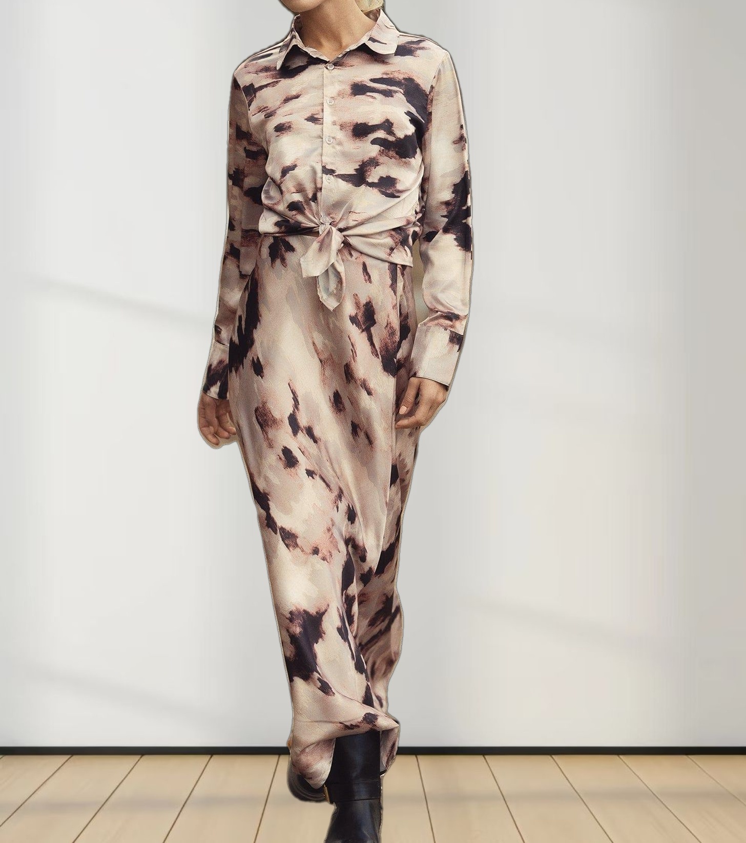 Oversized Satin Slip Blouse-Brown Brushstrokes