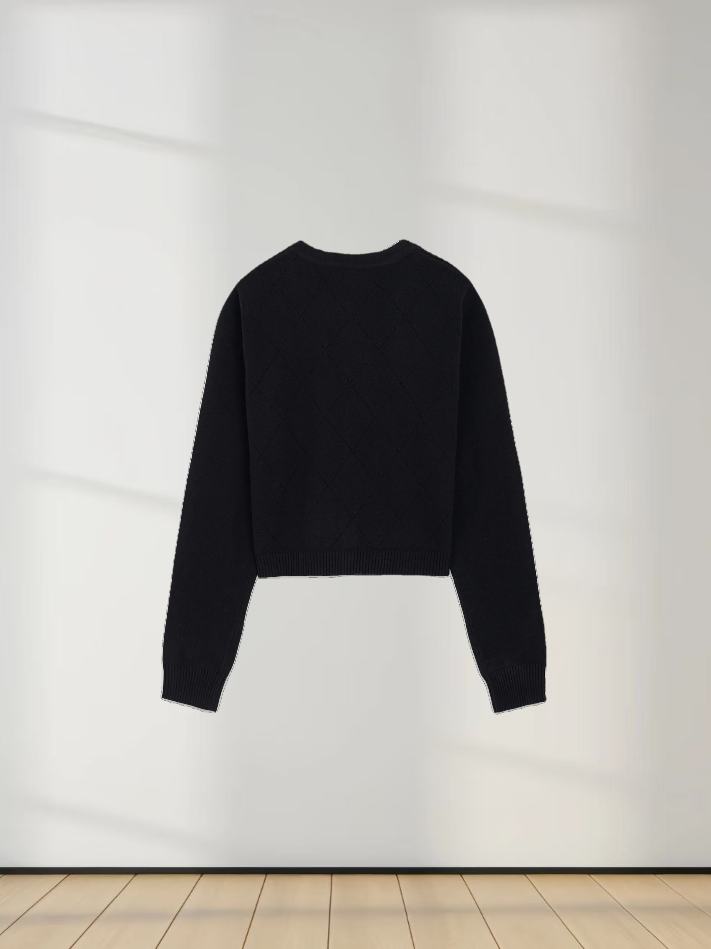 Velvet Detail Pointelle Crew Cardigan-Black/Black