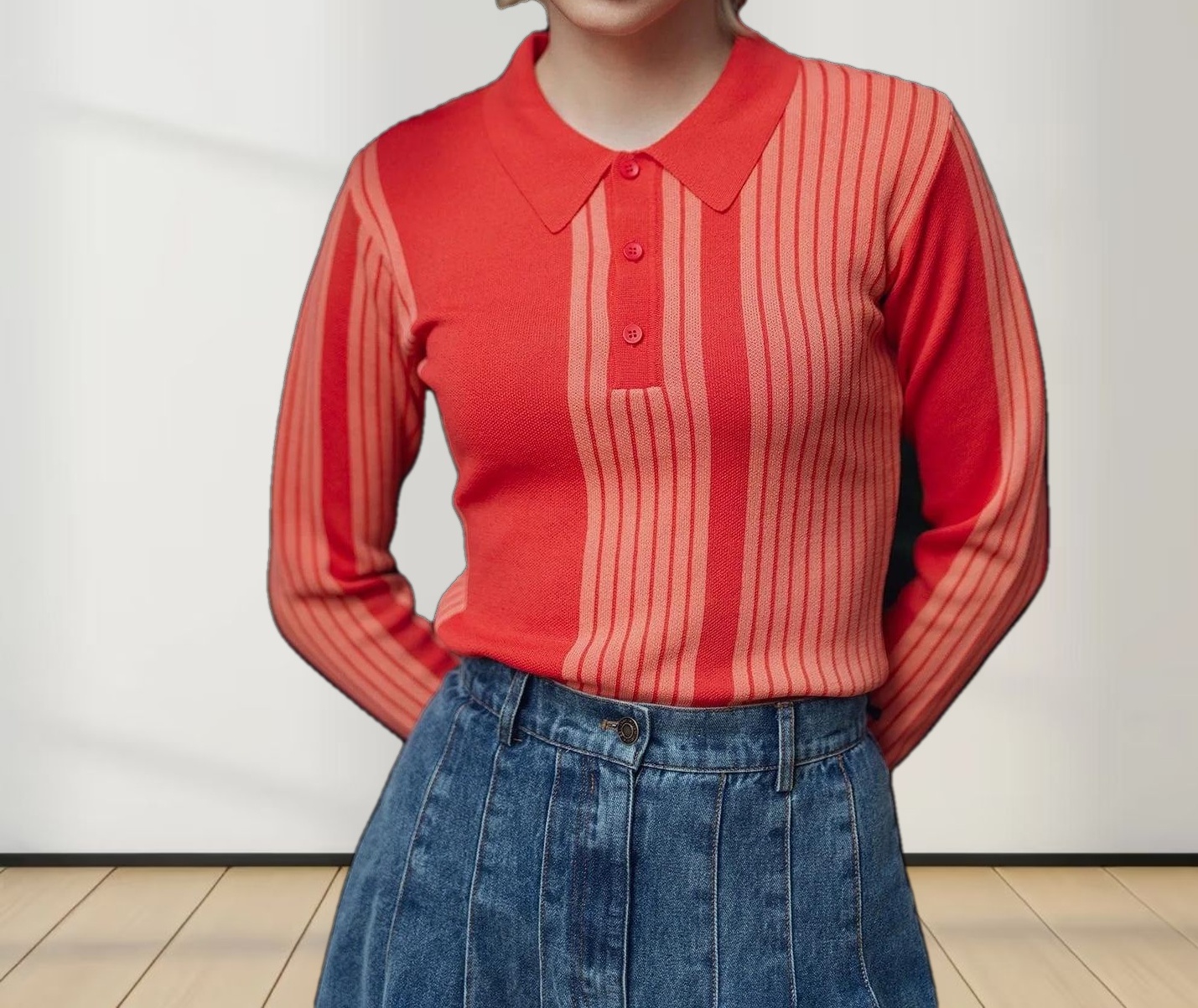 Mixed Stripe Polo Sweater-Coral