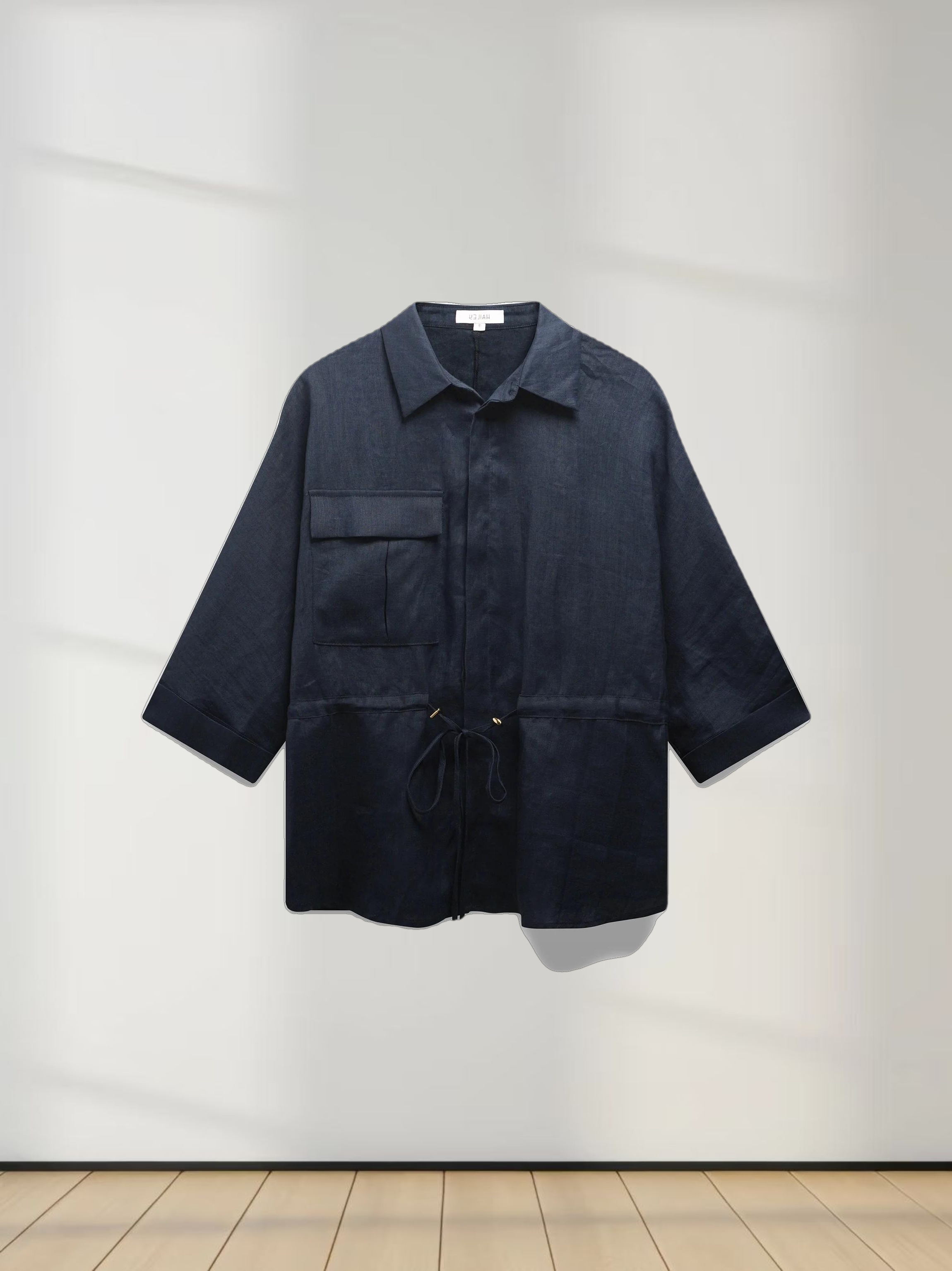 Drawstring Button Down Linen Top-Navy