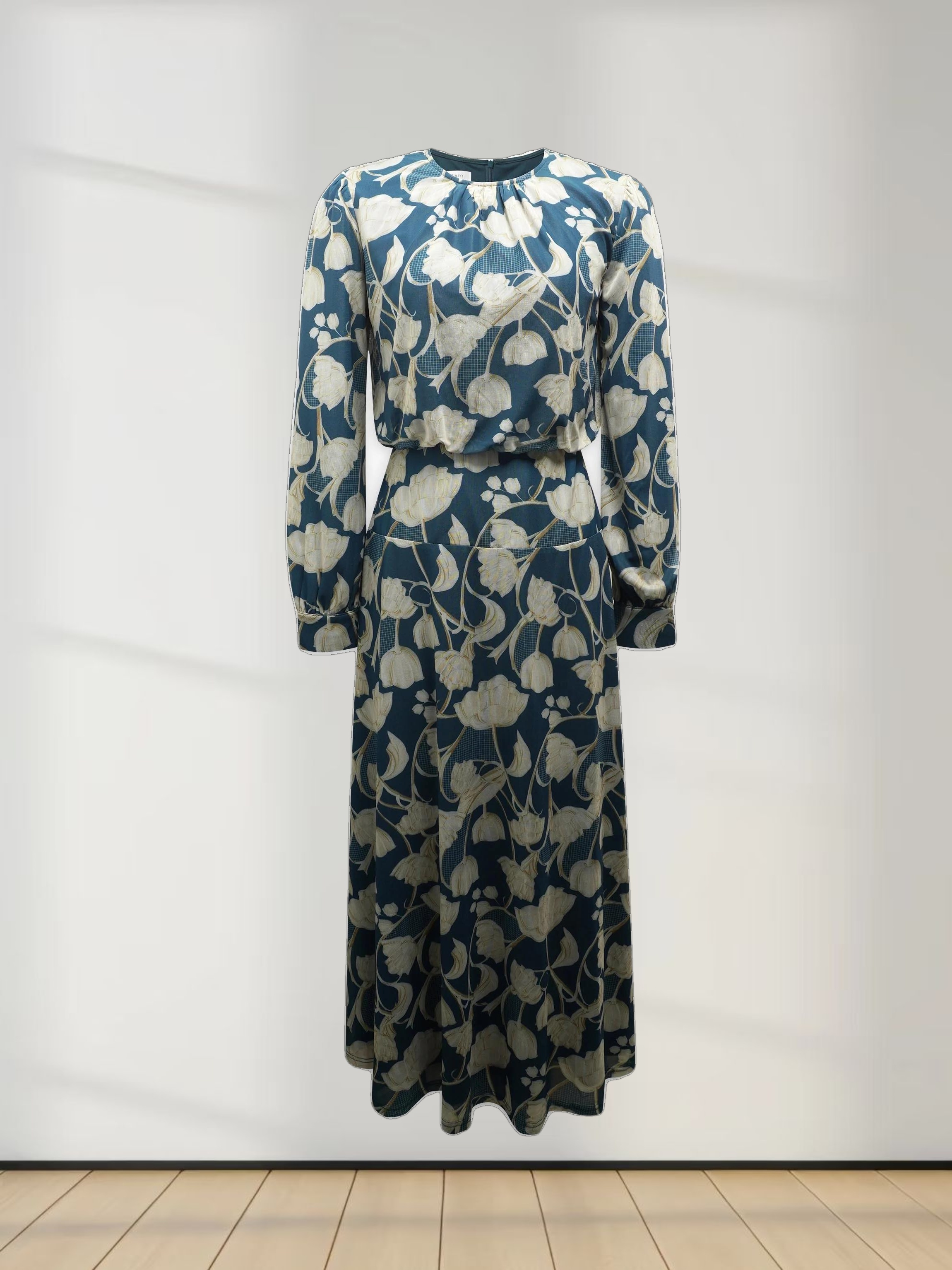 Waist Yoke Dress-Mesh Turquoise Floral