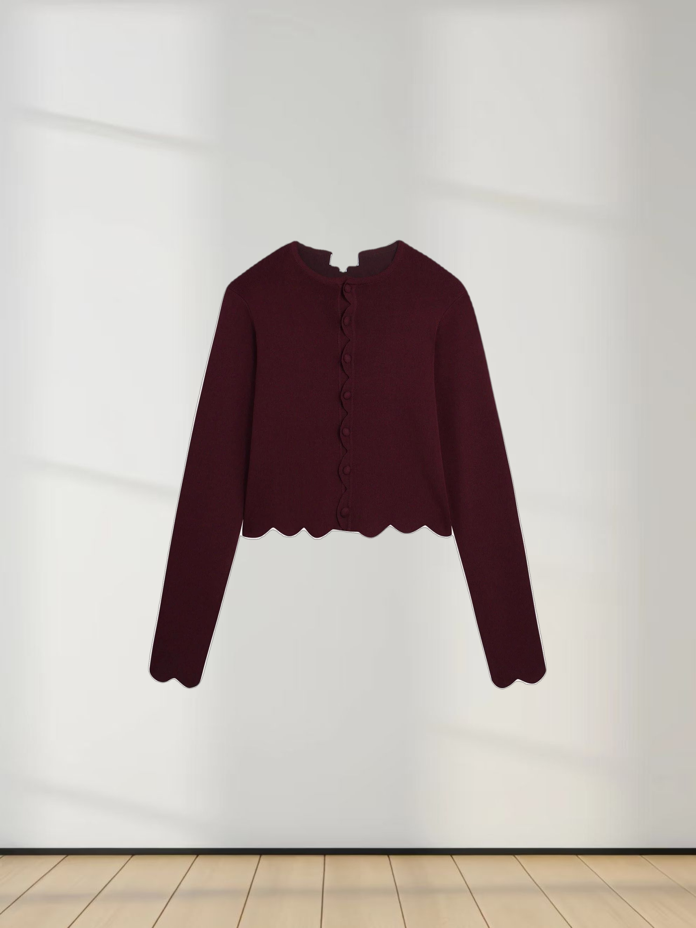 Scallop Edge Crew Cardigan SHORT-Wine
