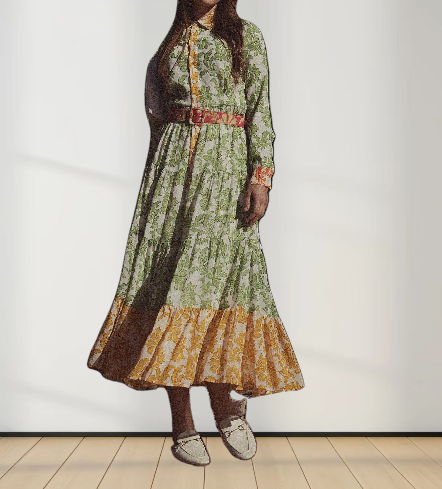 Belted Tiered Dress-Green Floral